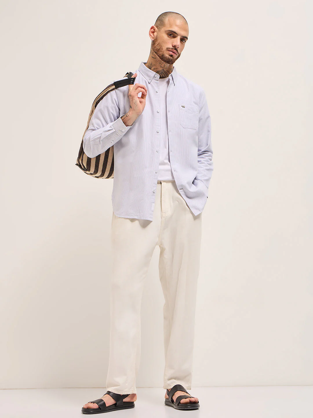 Men Grey Vertical Pin Stripes Slim Fit Casual Shirt - Image 4