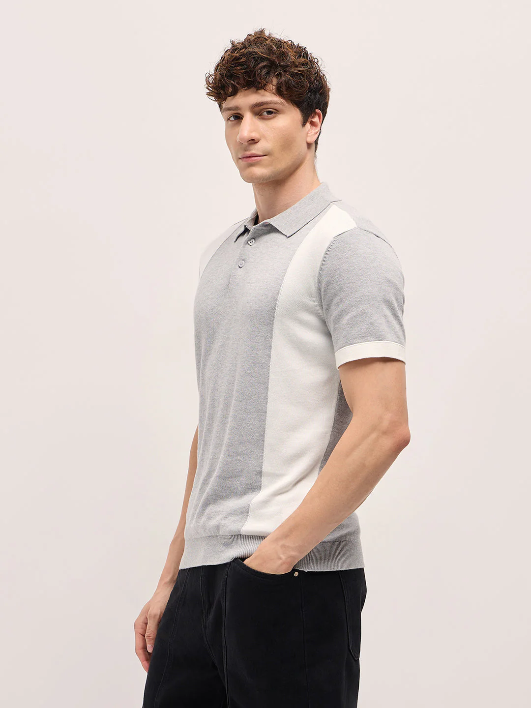 Men Grey & White Color Block Knit Design Regular Fit Polo - Image 3