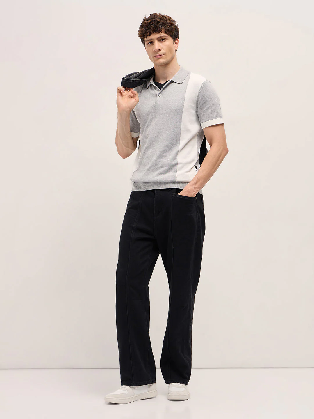 Men Grey & White Color Block Knit Design Regular Fit Polo - Image 4