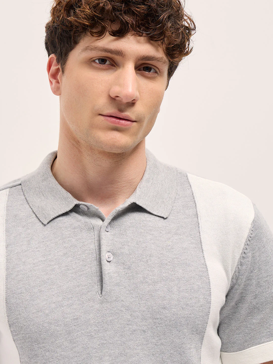 Men Grey & White Color Block Knit Design Regular Fit Polo - Image 5