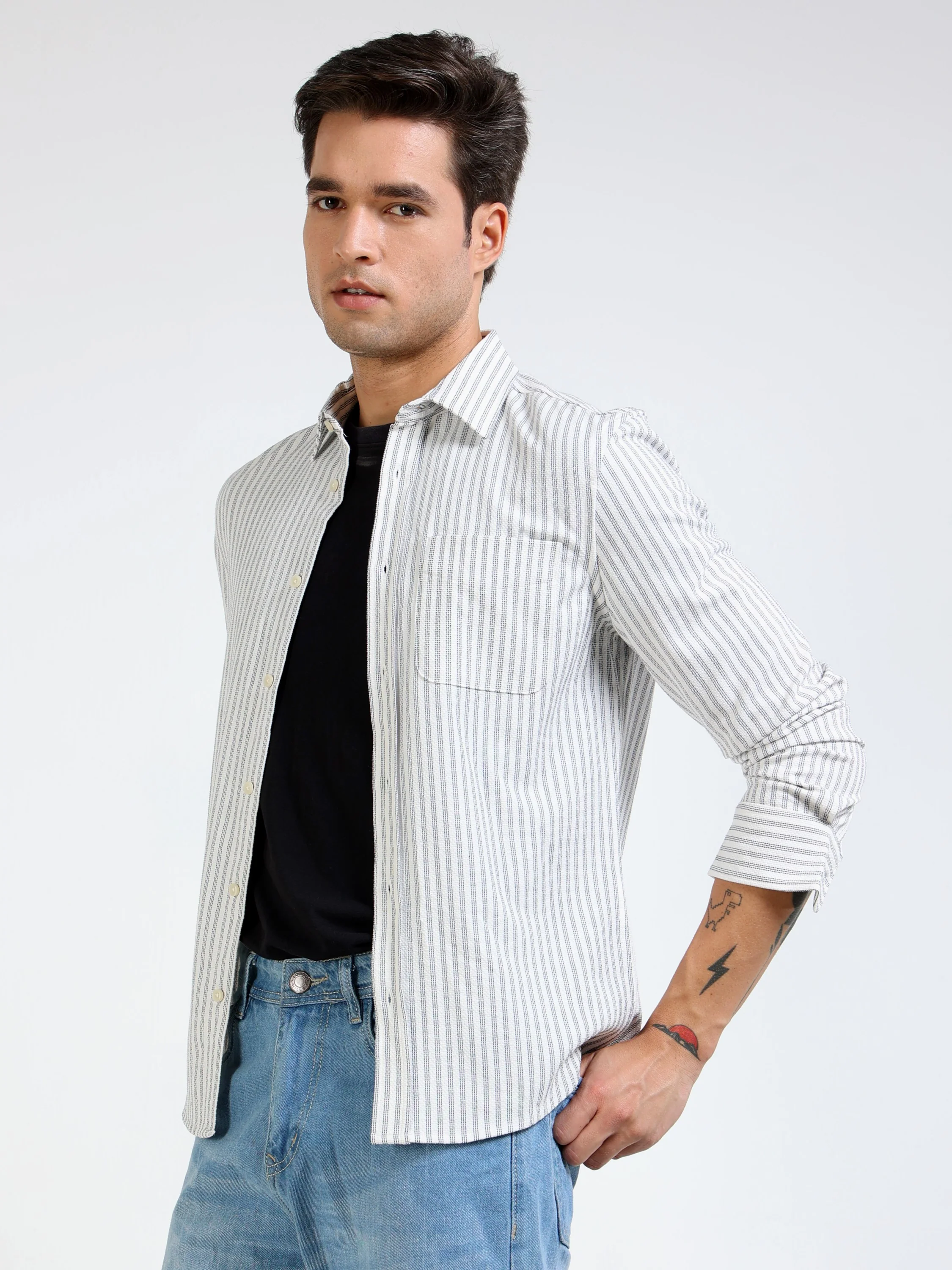 Men Grey Pin Stripe Shirt - Image 5