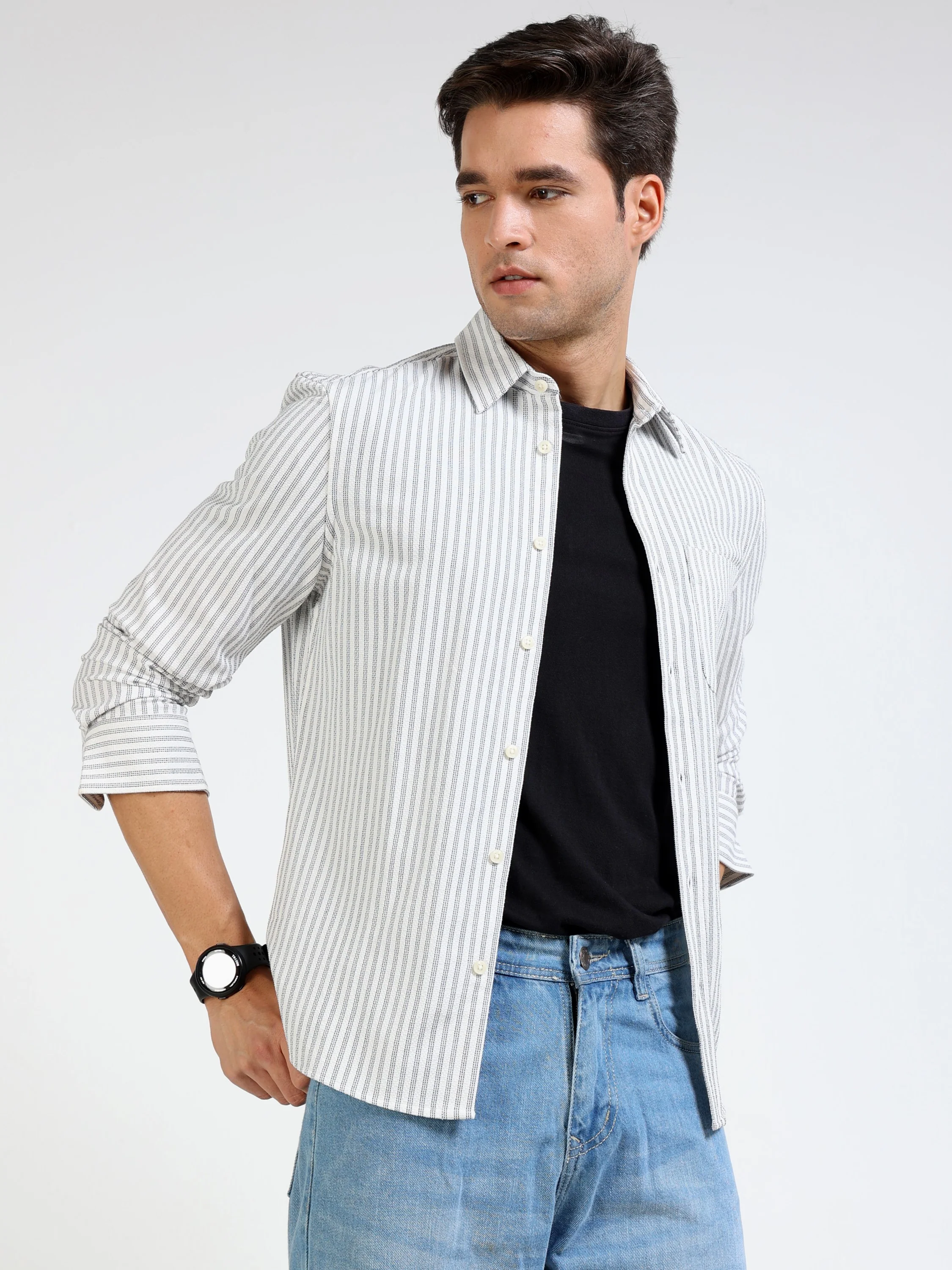 Men Grey Pin Stripe Shirt - Image 6