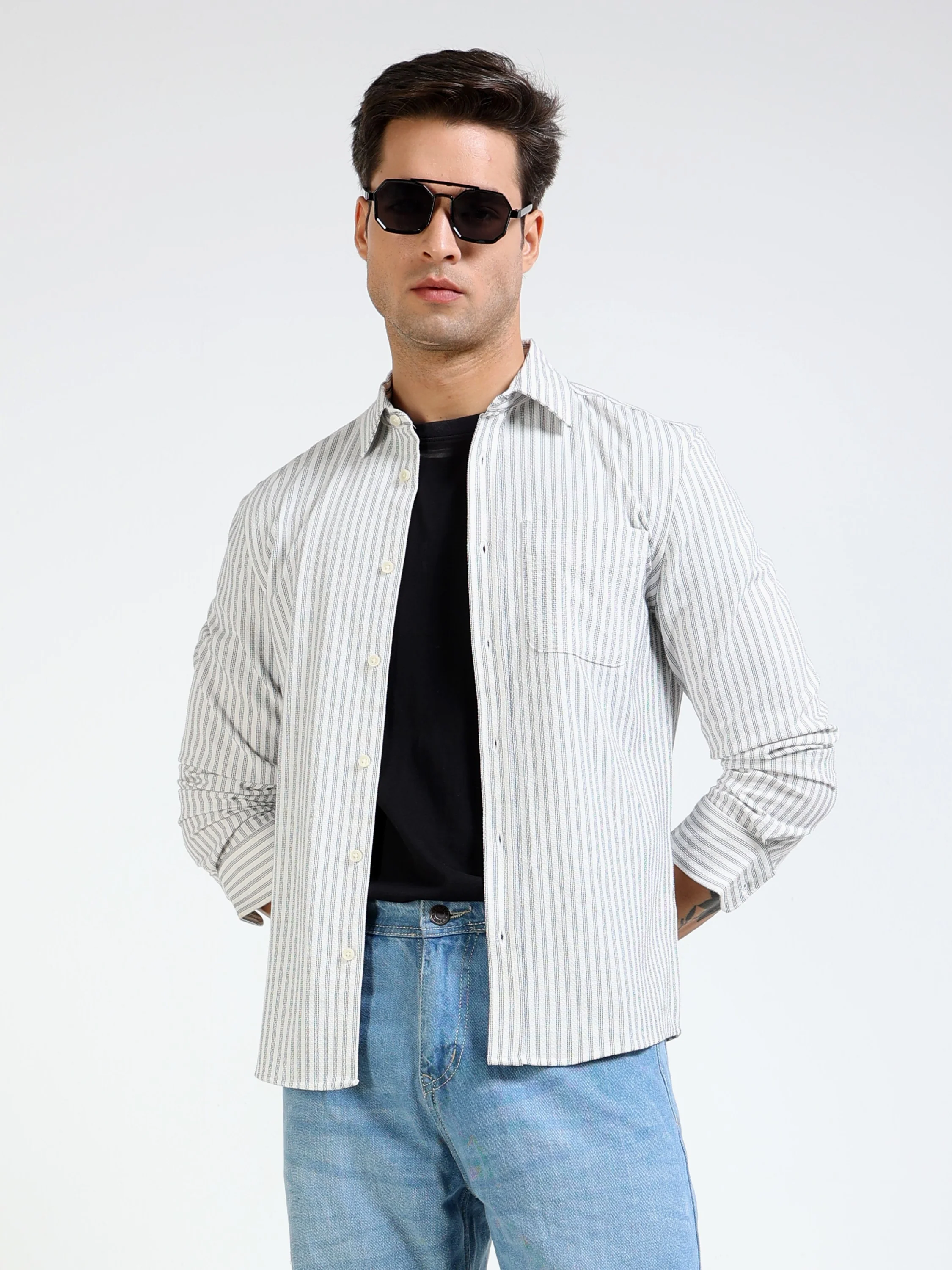 Men Grey Pin Stripe Shirt - Image 7