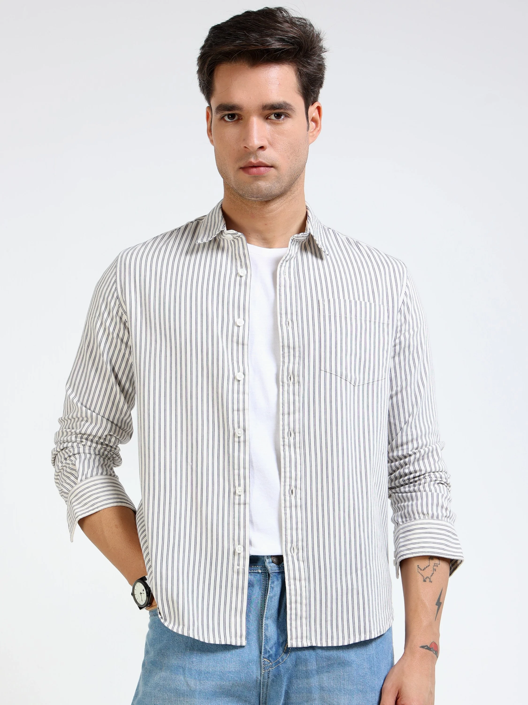 Men Grey & White Stripe Shirt - Image 2