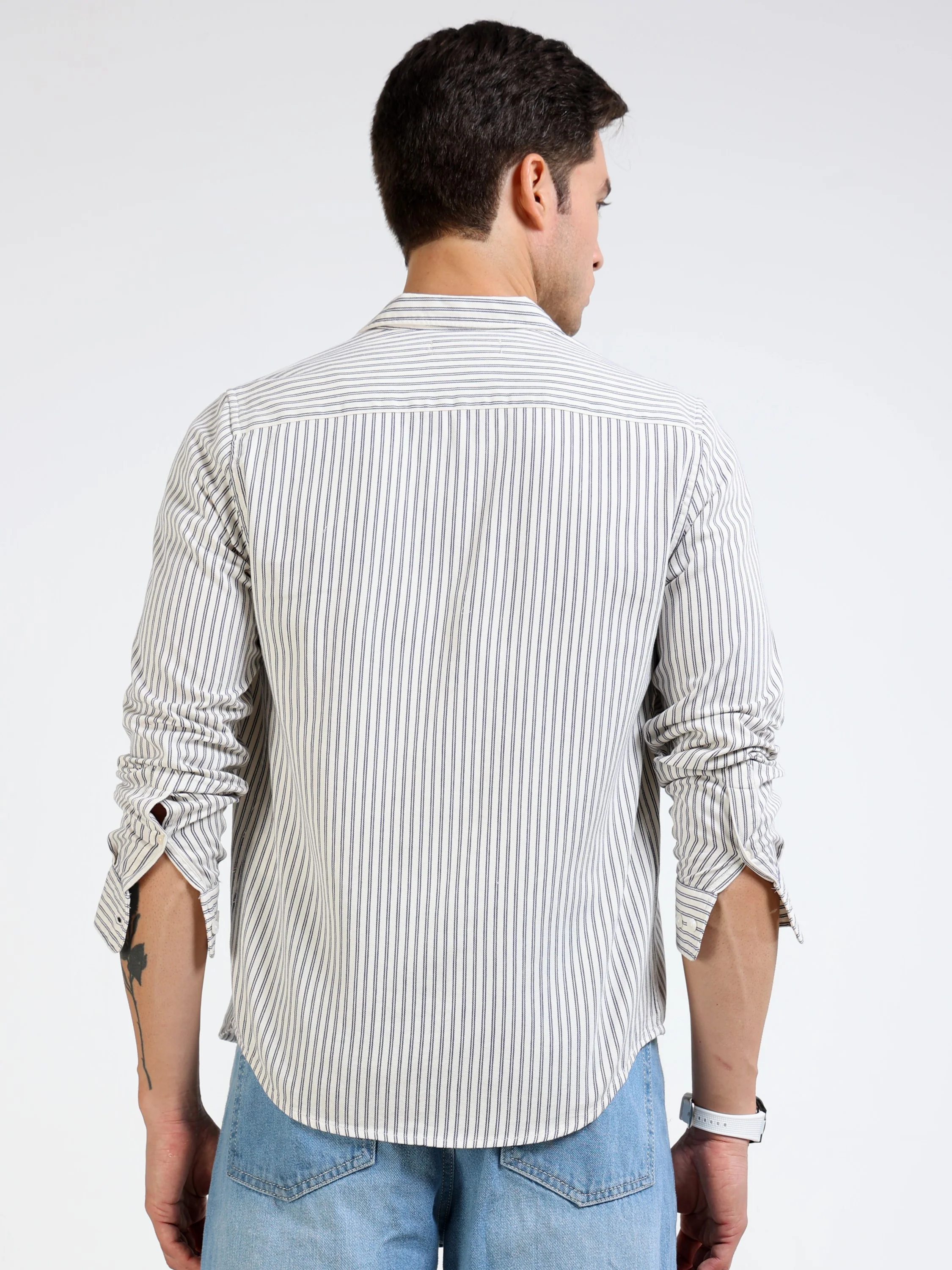 Men Grey & White Stripe Shirt - Image 4