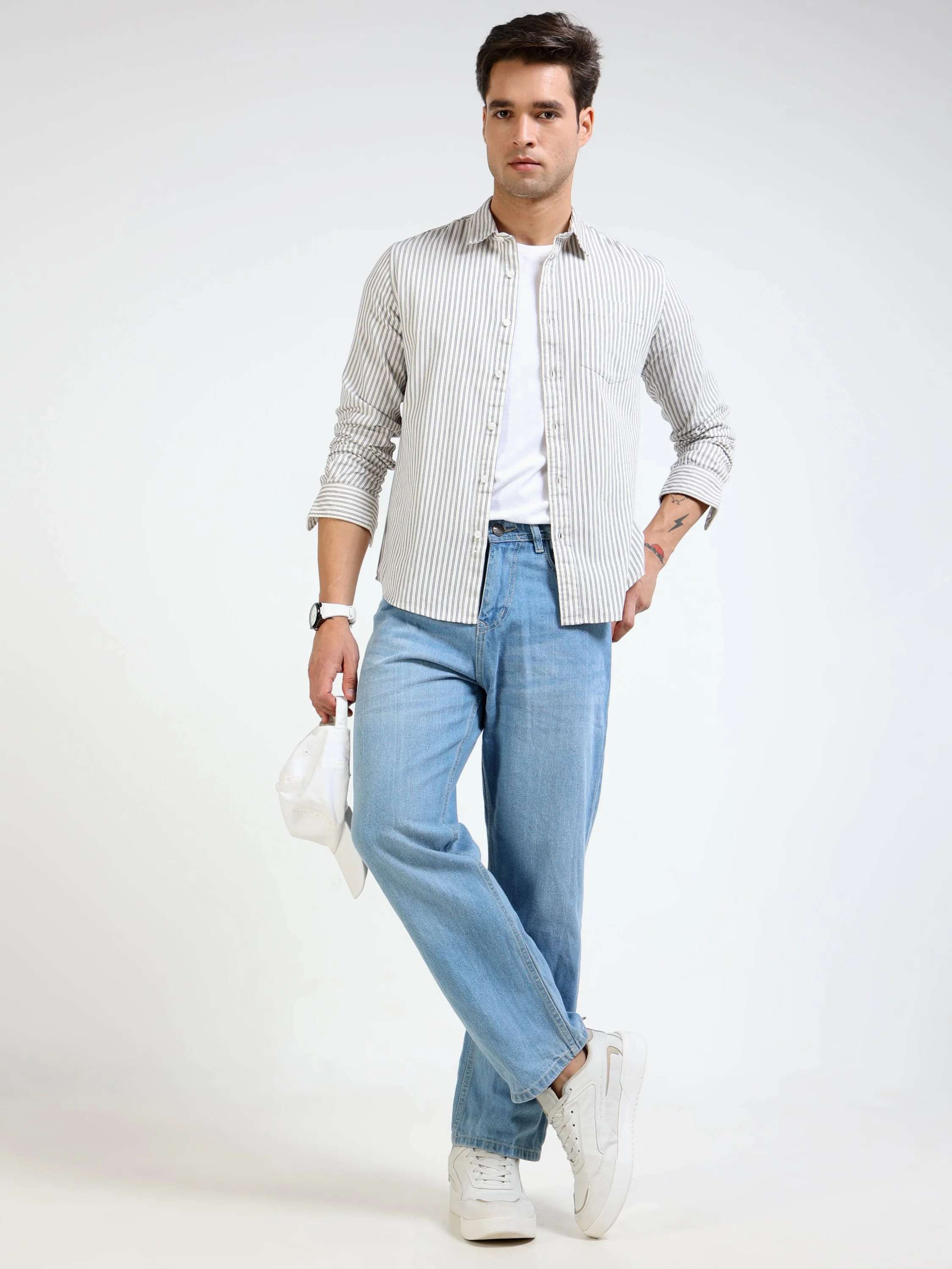 Men Grey & White Stripe Shirt - Image 5
