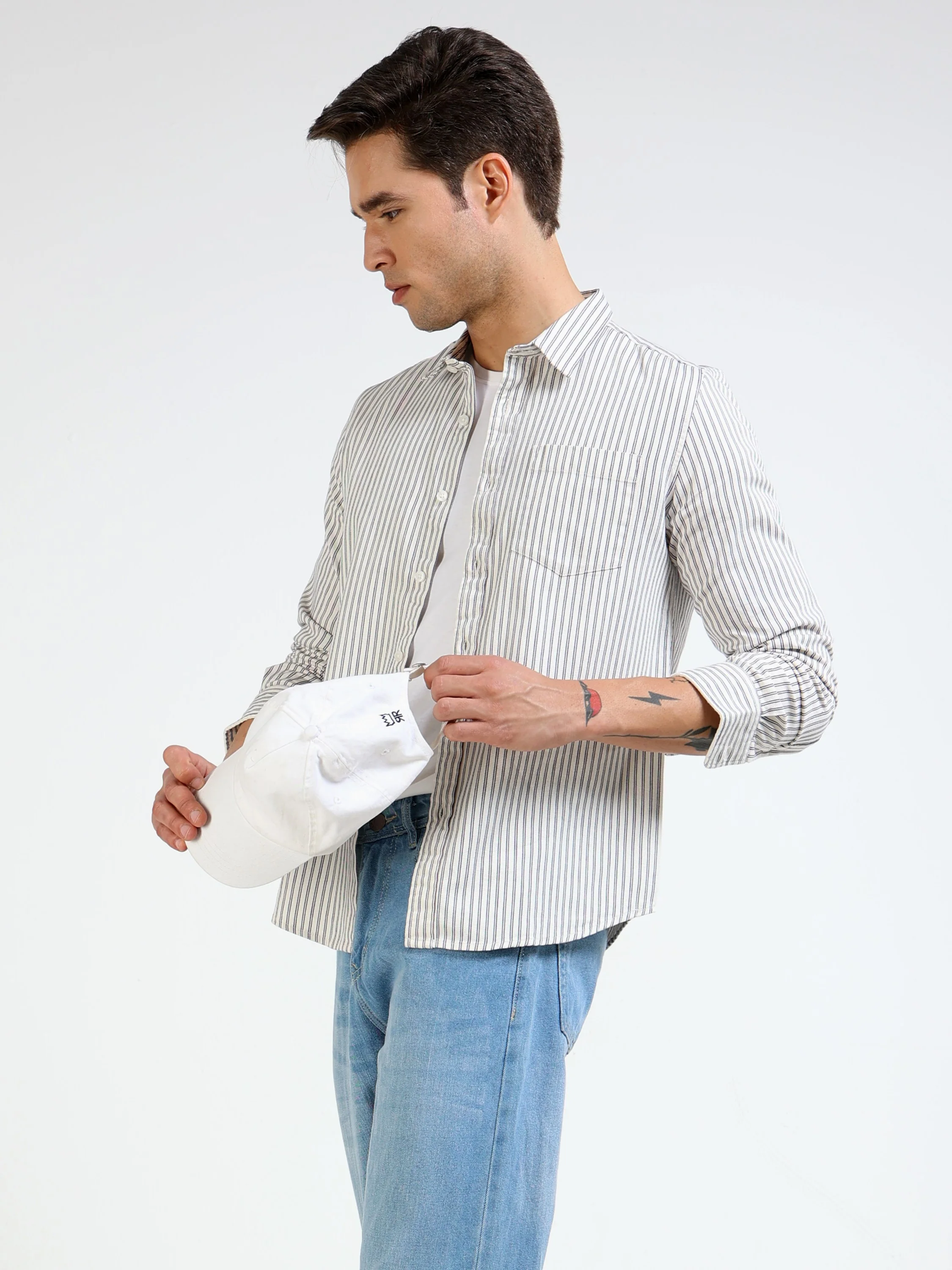 Men Grey & White Stripe Shirt - Image 6