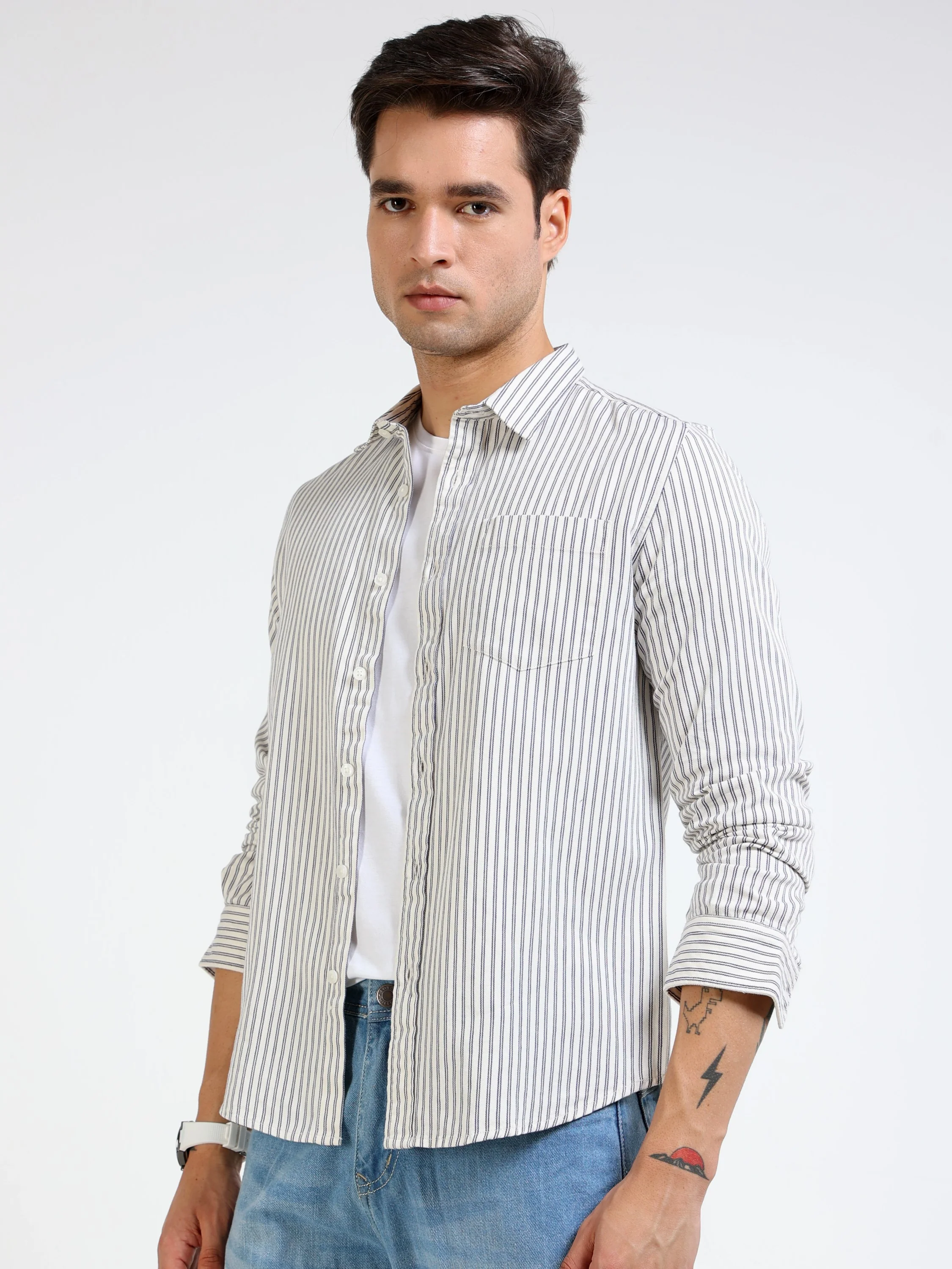 Men Grey & White Stripe Shirt - Image 7