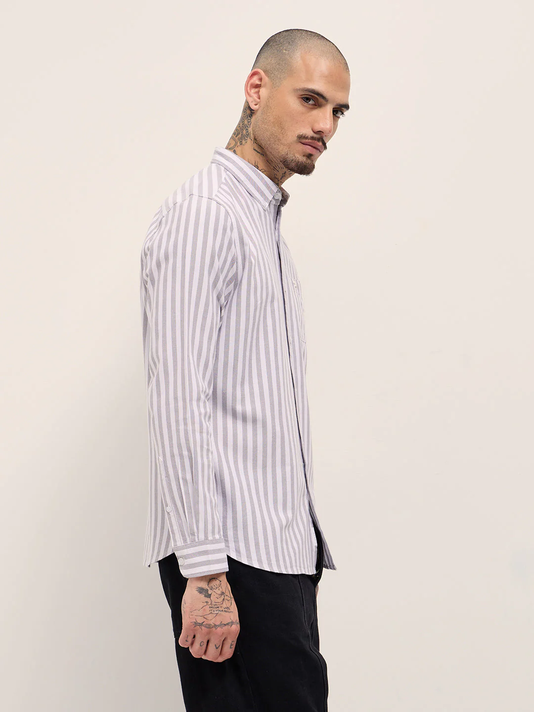 Men Grey & White Vertical Stripes Slim Fit Casual Shirt - Image 3