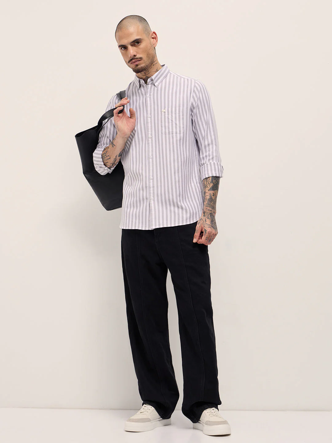 Men Grey & White Vertical Stripes Slim Fit Casual Shirt - Image 4