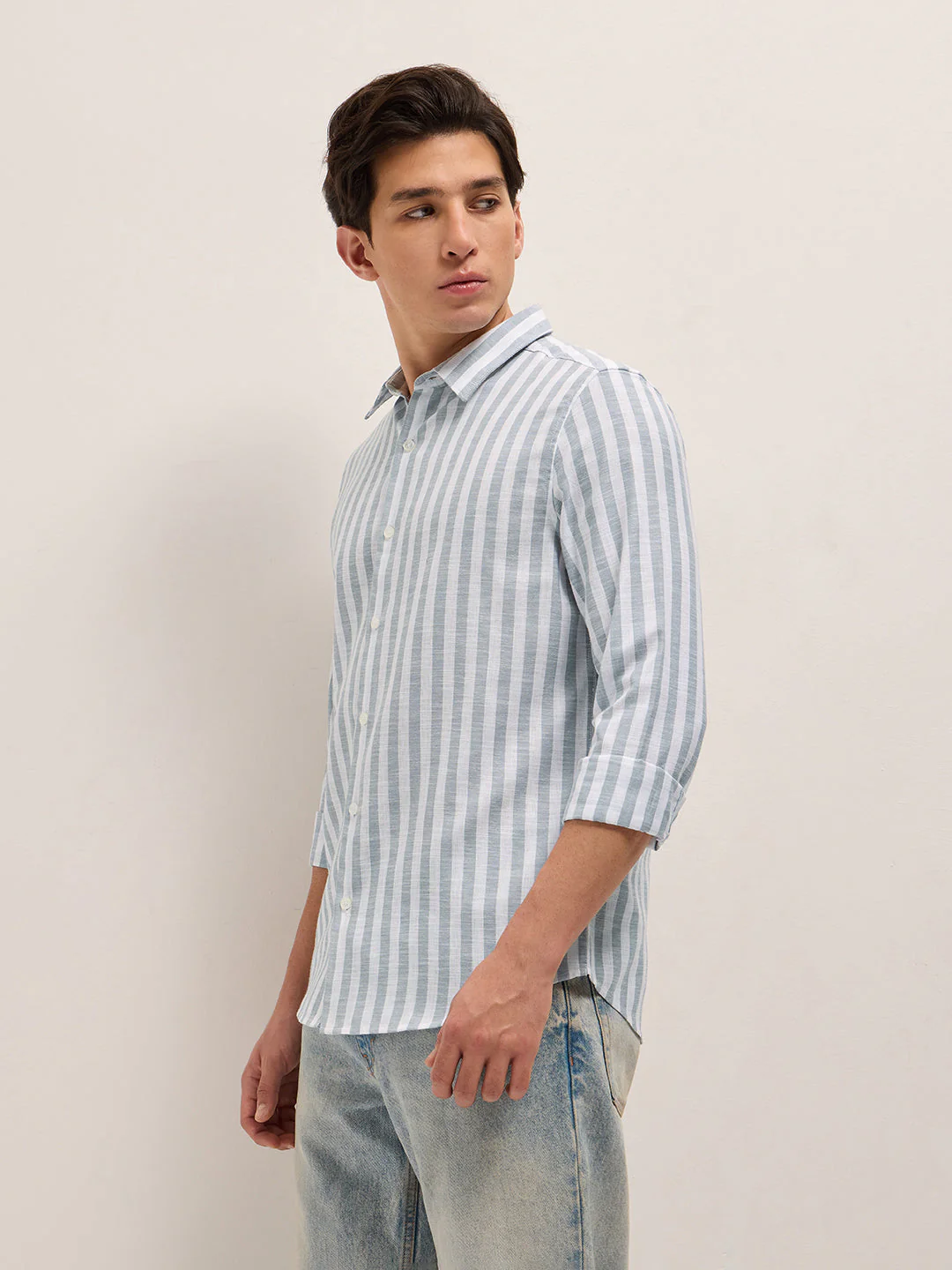 Men Grey & White Vertical Stripes Slim Fit Casual Shirt - Image 3