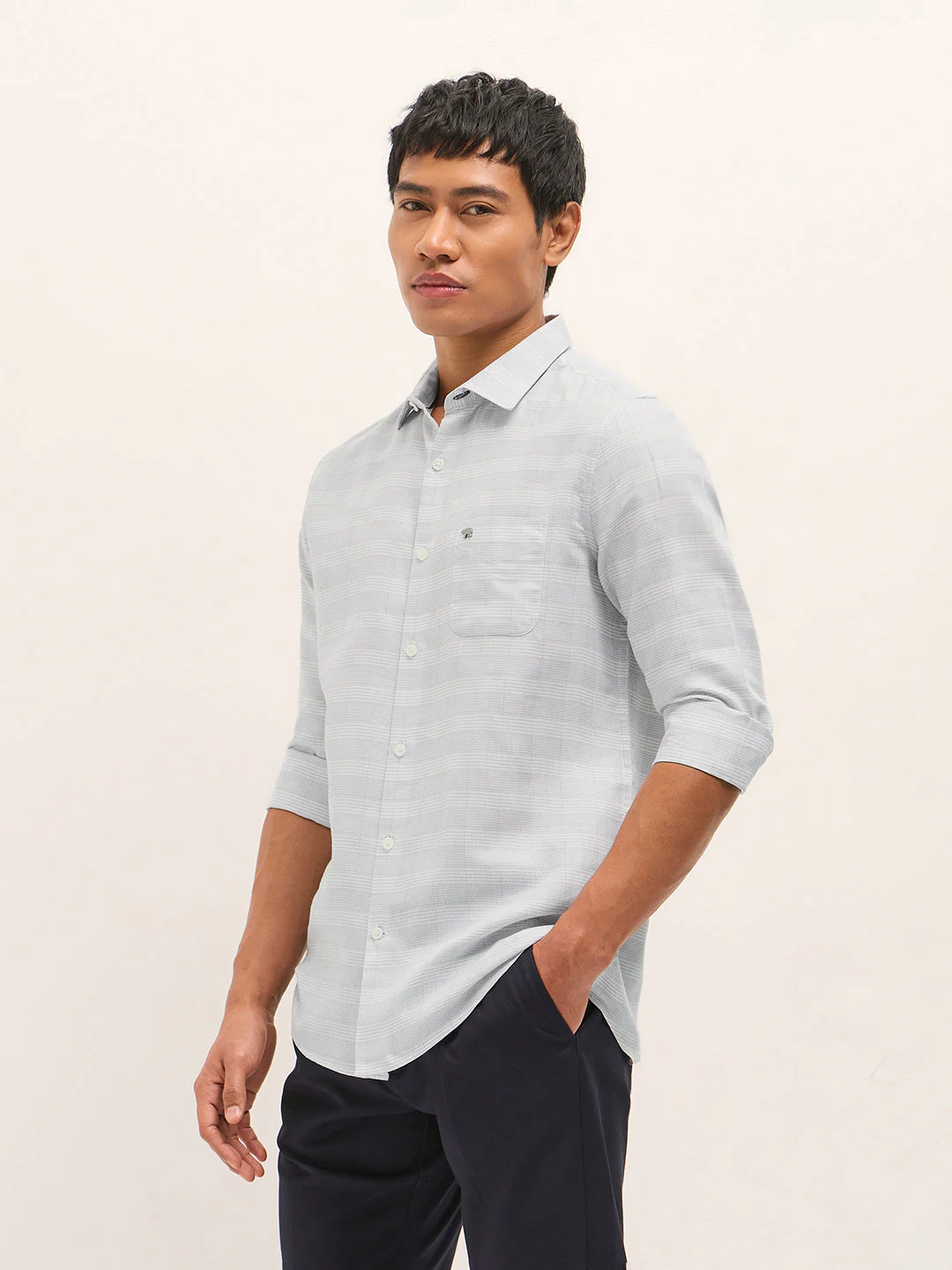 Men Grey Woven Checked Design Tailored Fit Formal Shirt - Image 3