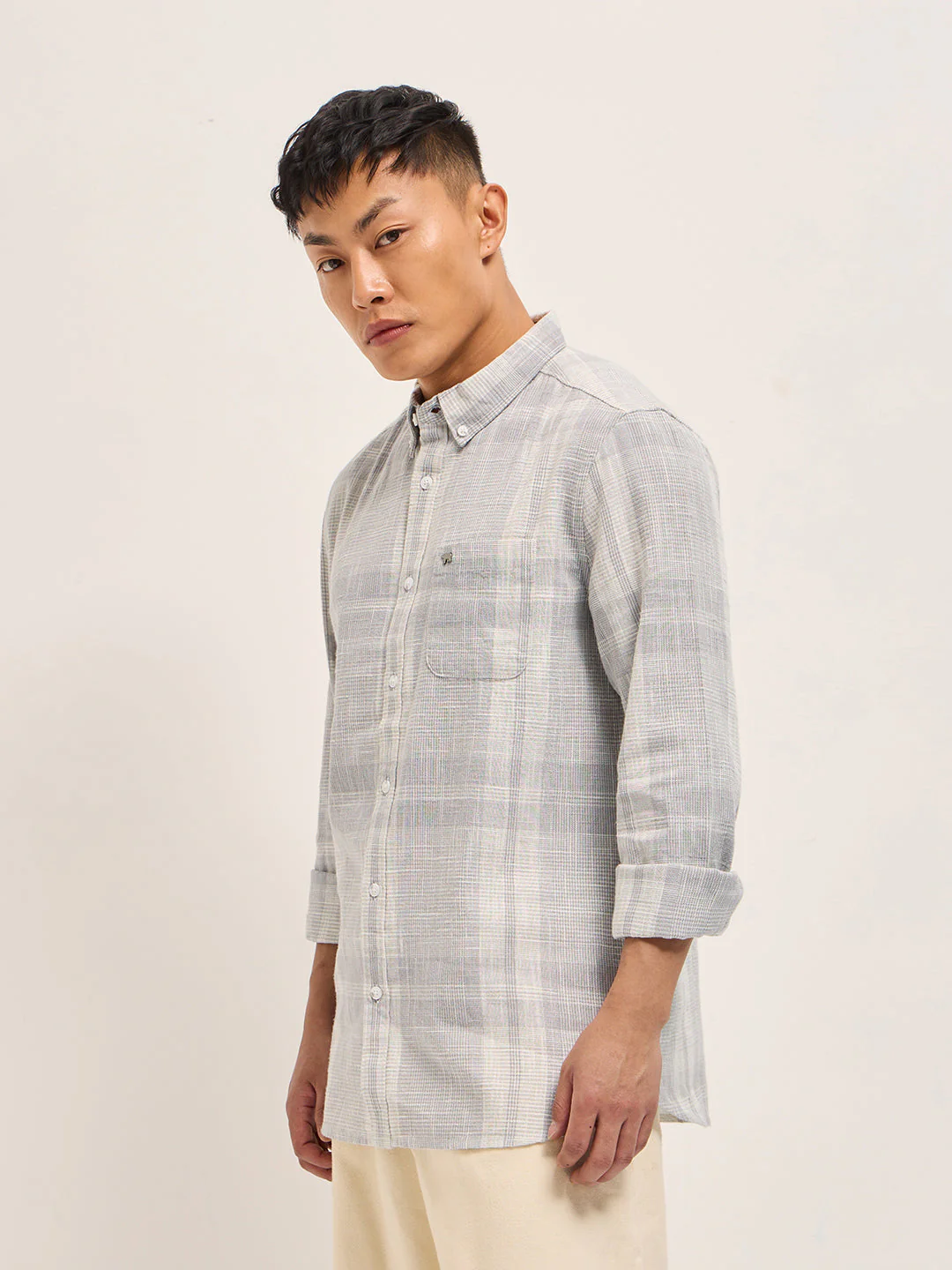Men Grey Woven Checks Design Slim Fit Casual Shirt - Image 3