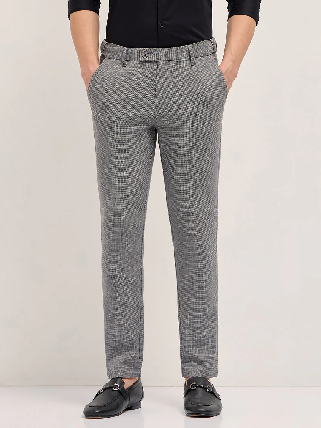 Men Grey Woven Design Slim Fit Formal Trousers - Image 7