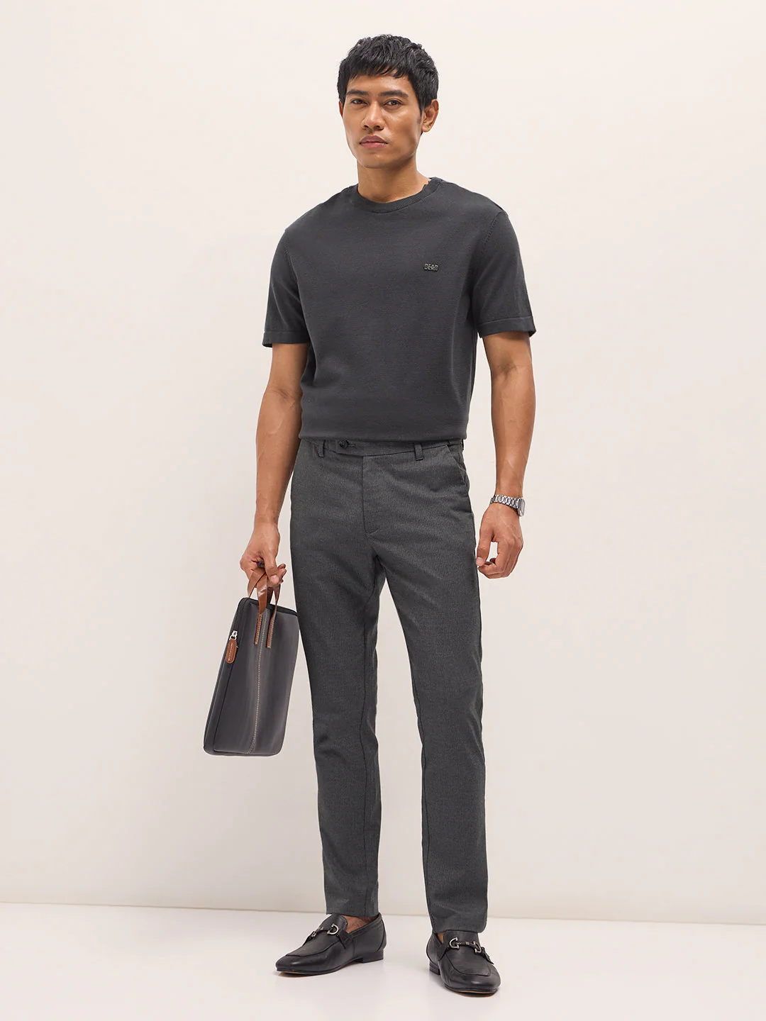 Men Grey Woven Pinstripe Slim Fit Formal Trousers - Image 4