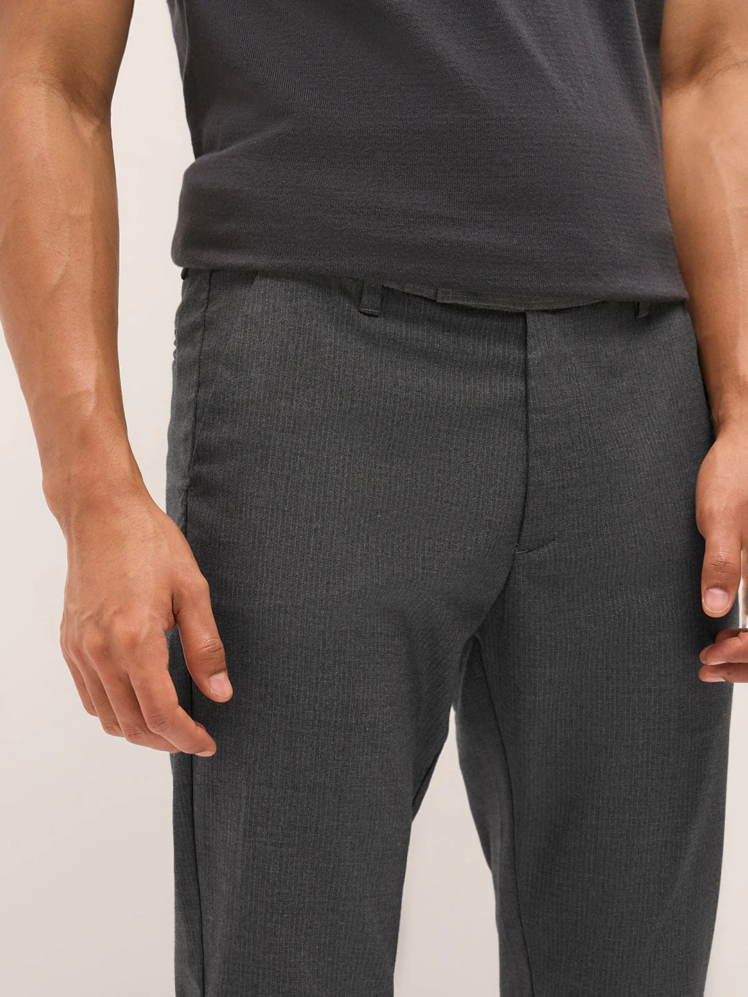 Men Grey Woven Pinstripe Slim Fit Formal Trousers - Image 5