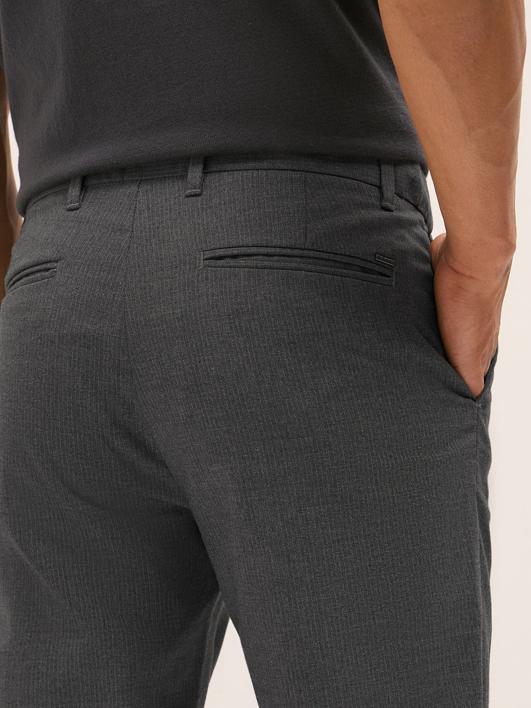 Men Grey Woven Pinstripe Slim Fit Formal Trousers - Image 6