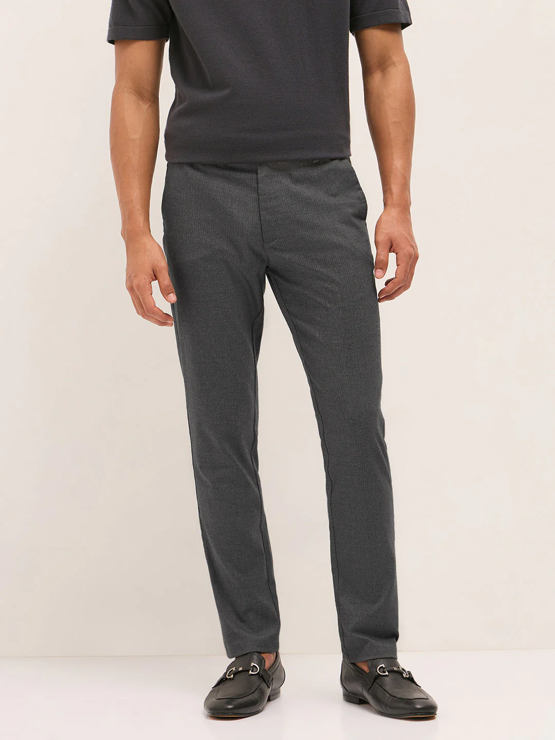 Men Grey Woven Pinstripe Slim Fit Formal Trousers - Image 7