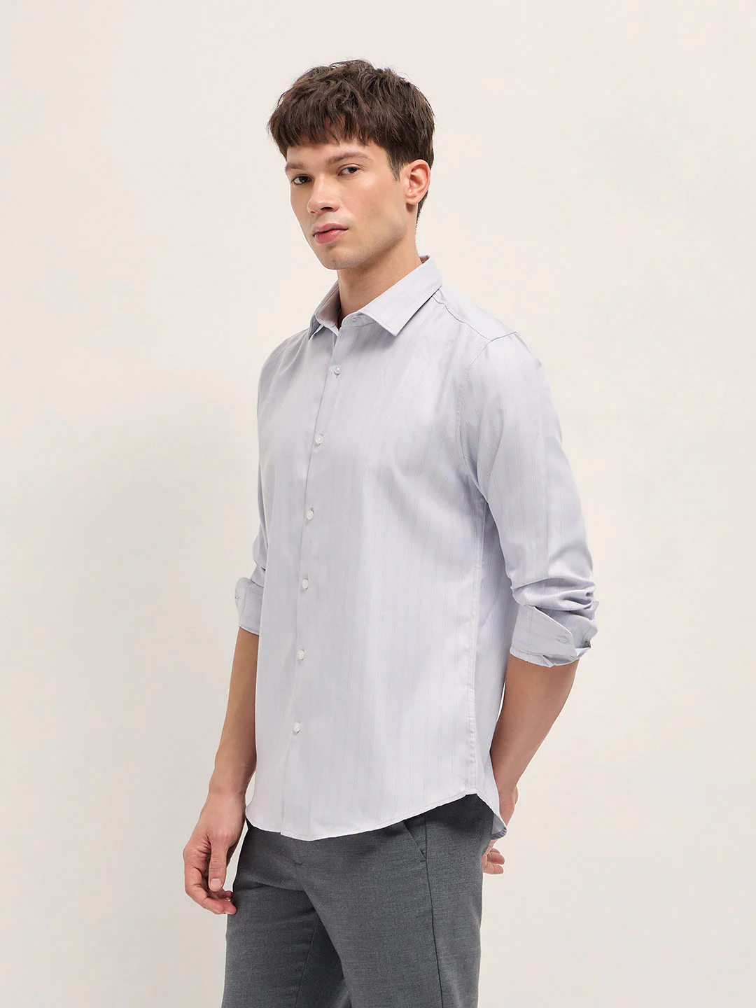 Men Grey Woven Stripe Pattern Tailored Fit Formal Shirt - Image 3