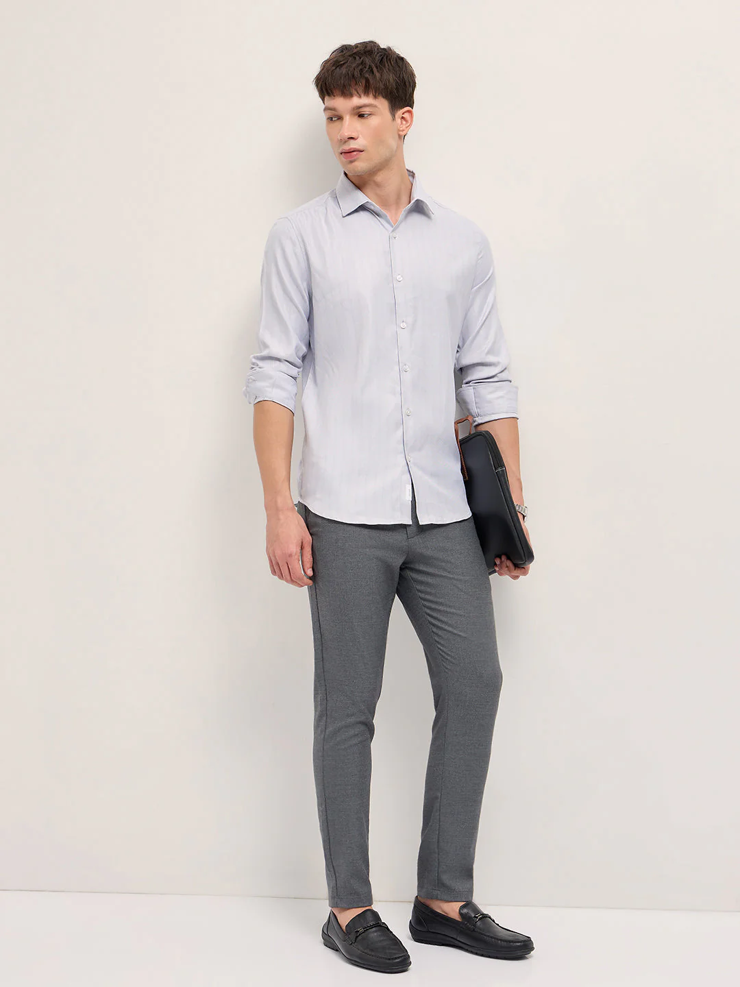 Men Grey Woven Stripe Pattern Tailored Fit Formal Shirt - Image 4