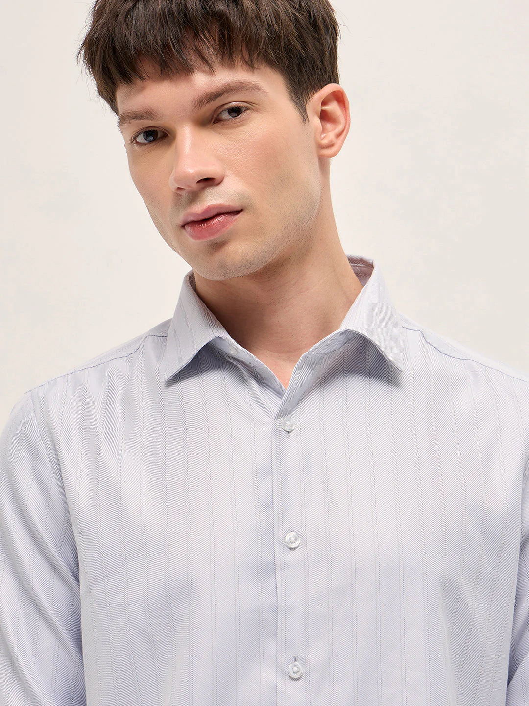 Men Grey Woven Stripe Pattern Tailored Fit Formal Shirt - Image 5