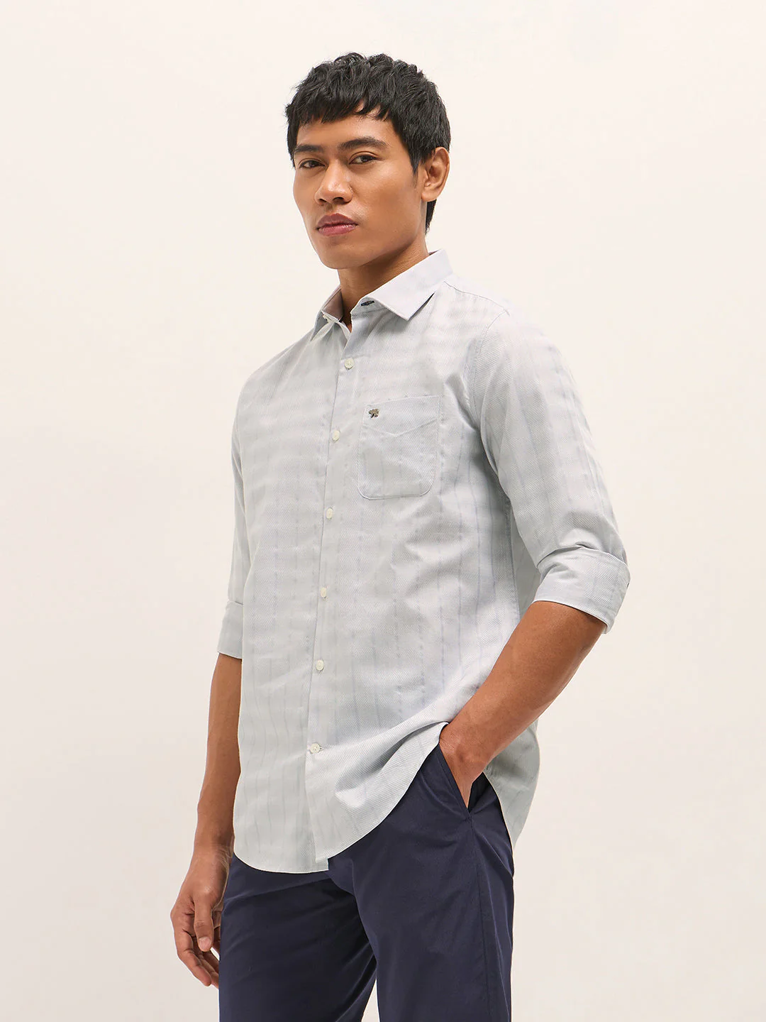 Men Grey Woven Stripe Tailored Fit Formal Shirt - Image 3