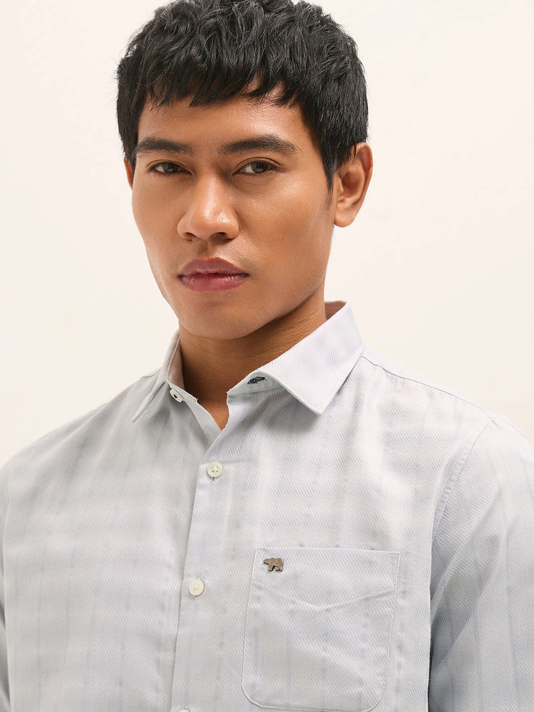 Men Grey Woven Stripe Tailored Fit Formal Shirt - Image 5