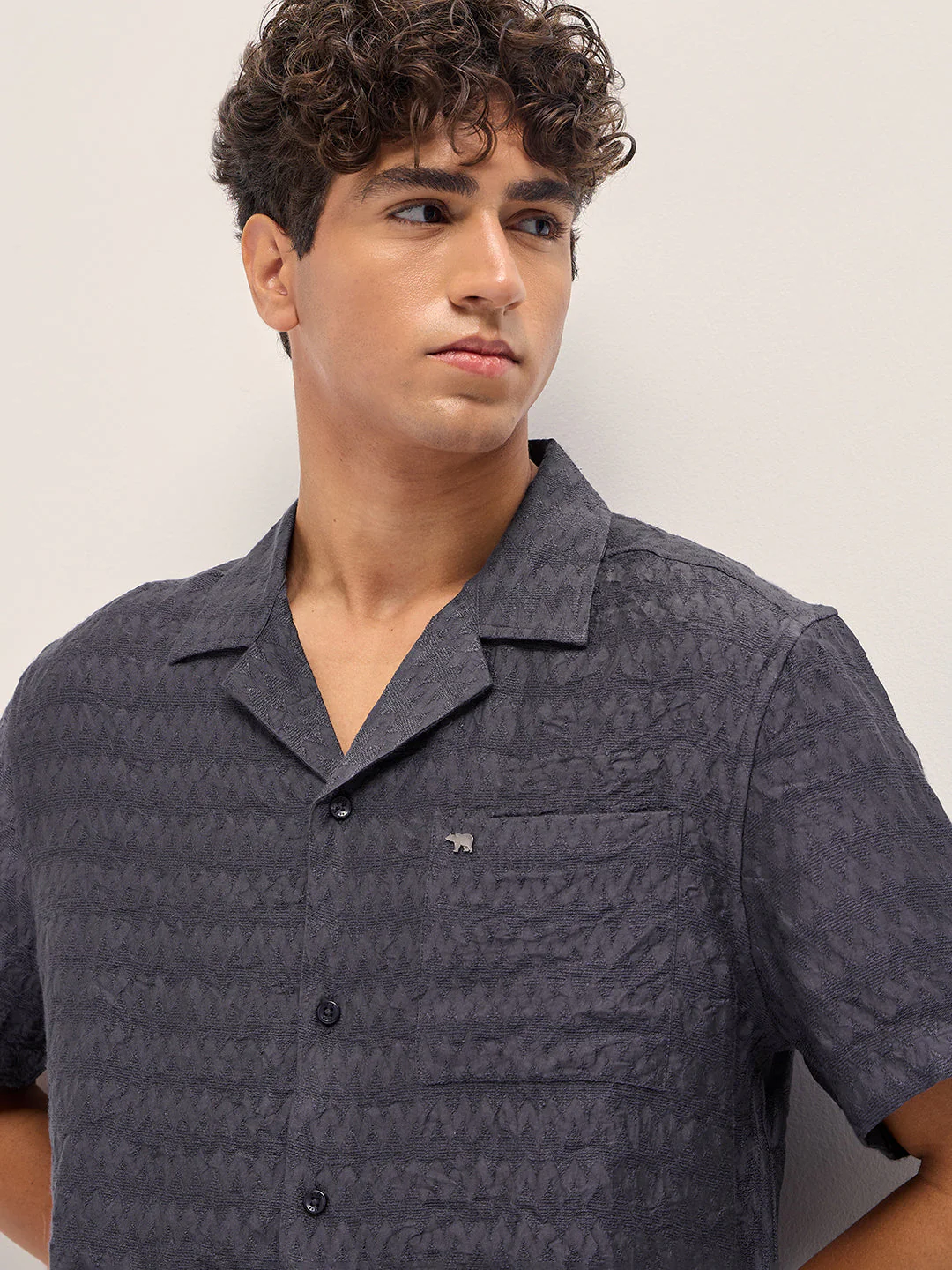 Men Grey Zigzag Textured Weave Relaxed Fit Half Sleeve Casual Shirt - Image 5