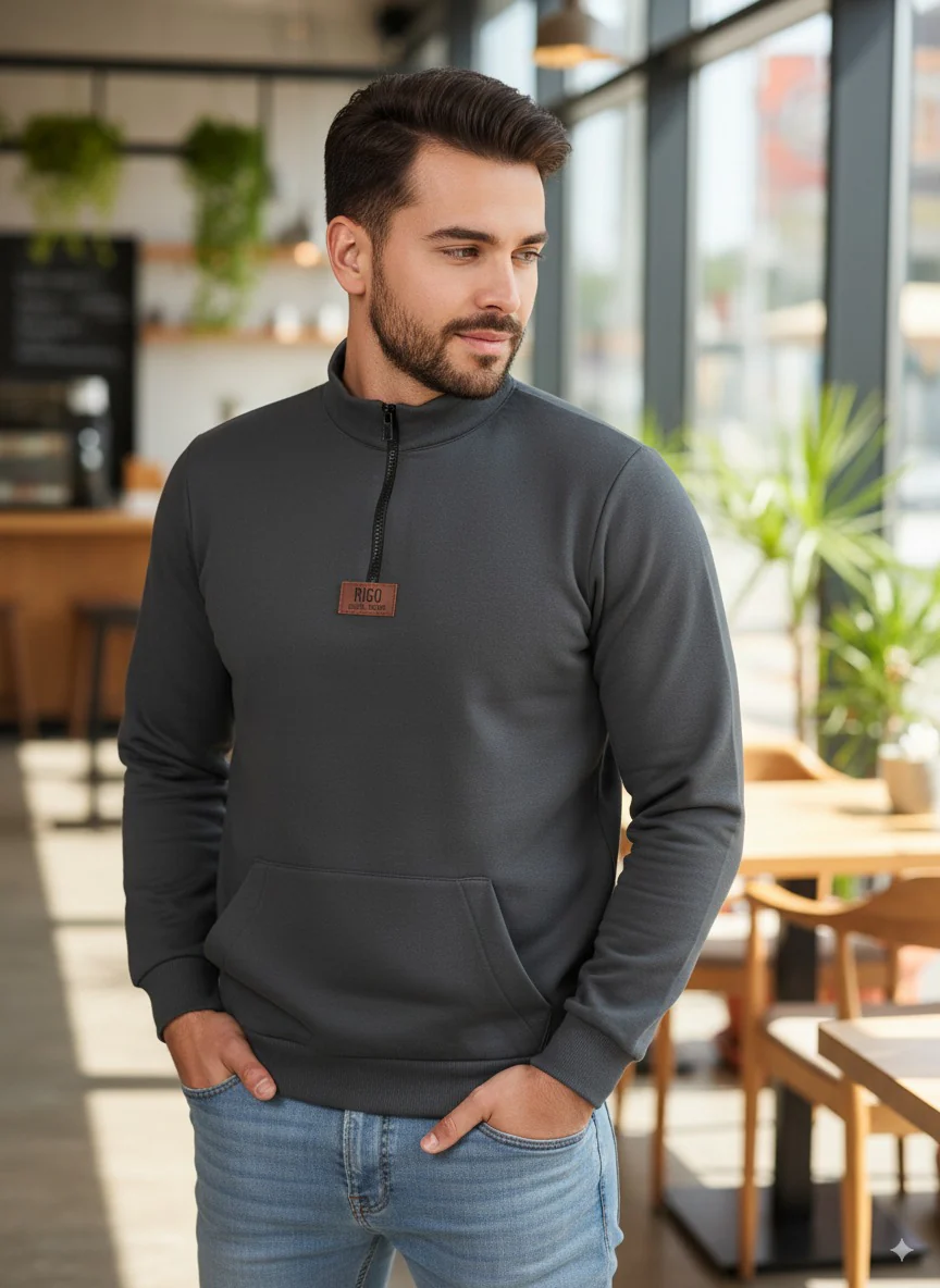 Men Grey Zip-Up Fleece Sweatshirt - Image 2