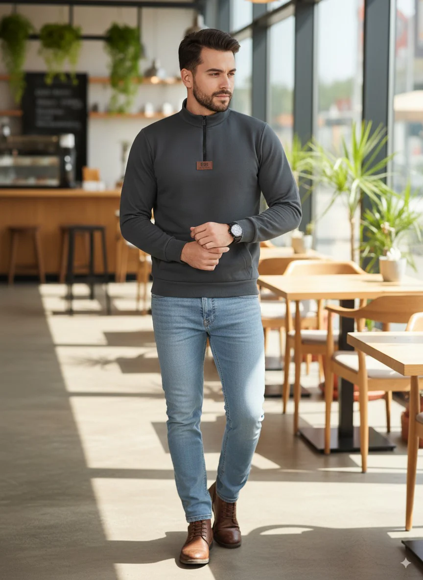 Men Grey Zip-Up Fleece Sweatshirt - Image 3