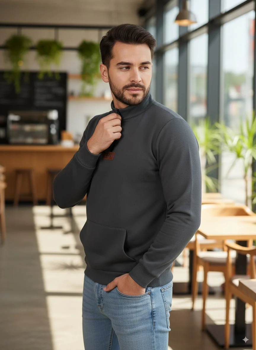 Men Grey Zip-Up Fleece Sweatshirt - Image 4