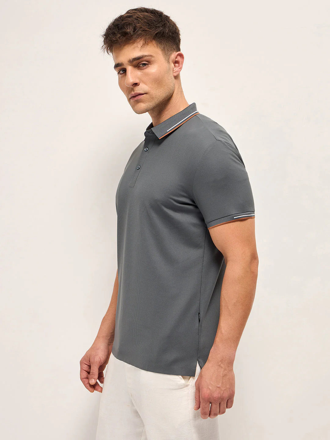 Men GreyContrast Piping Slim Fit Polo T-shirt - Image 3