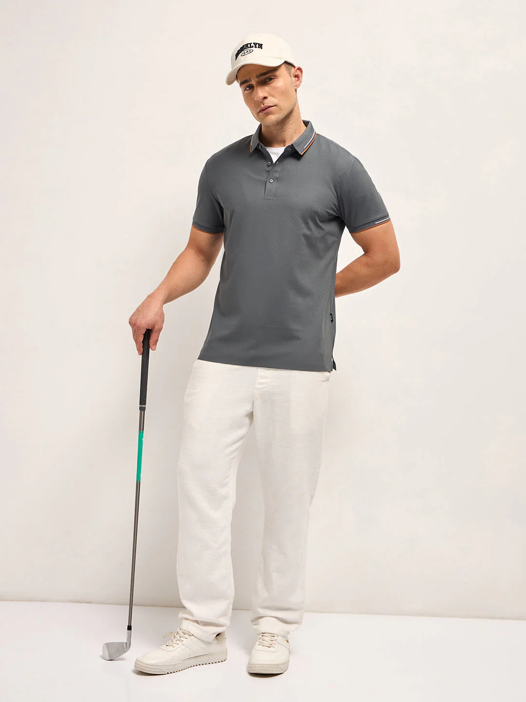 Men GreyContrast Piping Slim Fit Polo T-shirt - Image 4