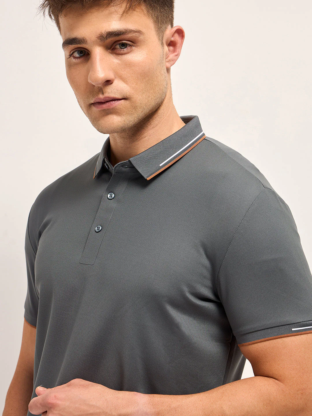 Men GreyContrast Piping Slim Fit Polo T-shirt - Image 5