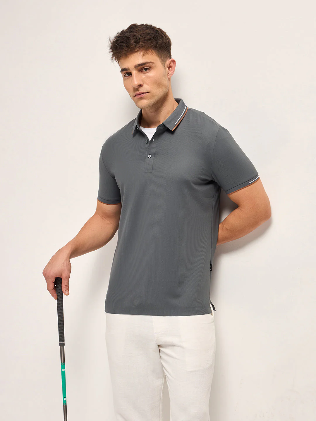Men GreyContrast Piping Slim Fit Polo T-shirt - Image 6