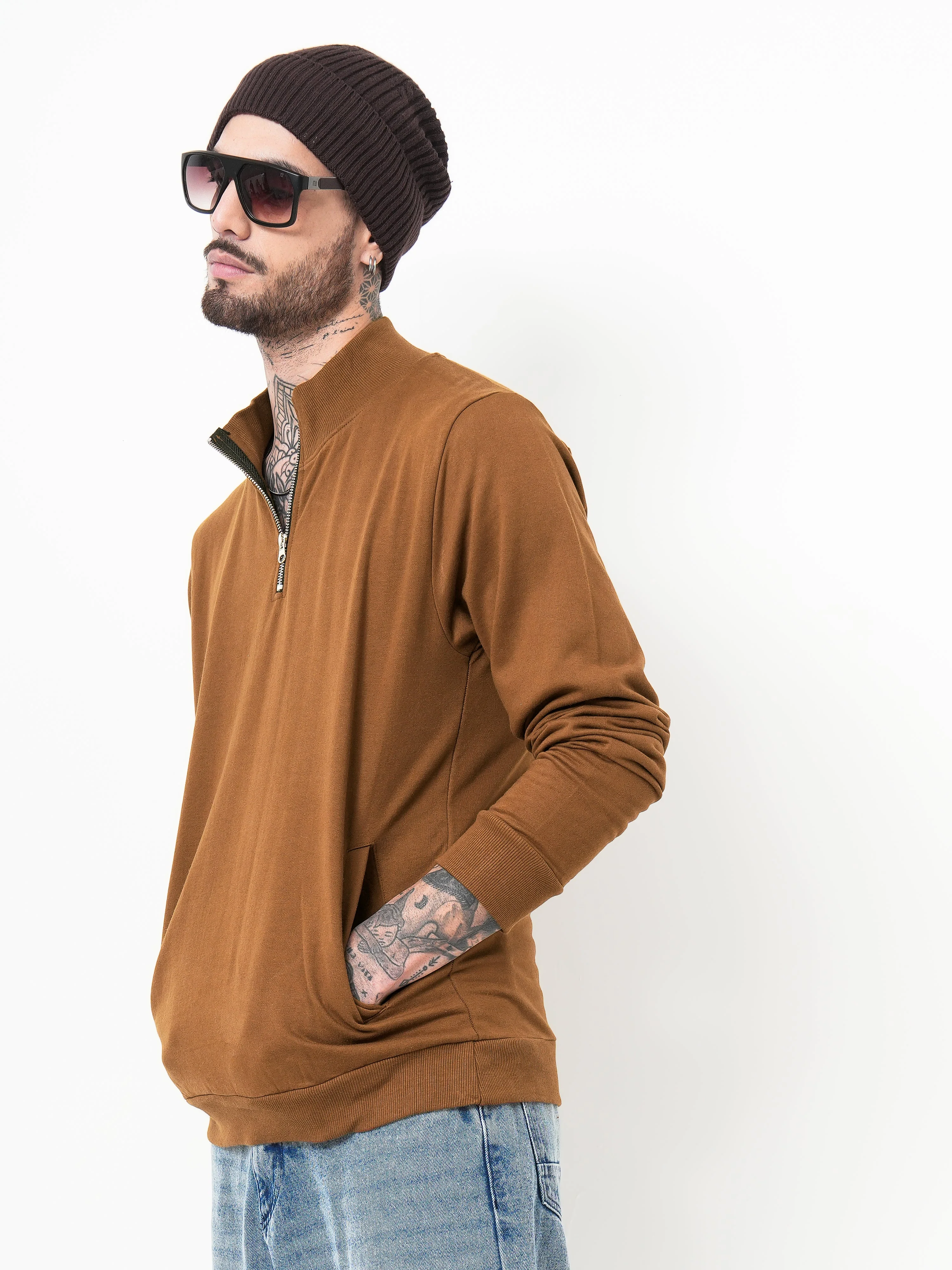 Men Half Zip Brown Sweatshirt - Image 3