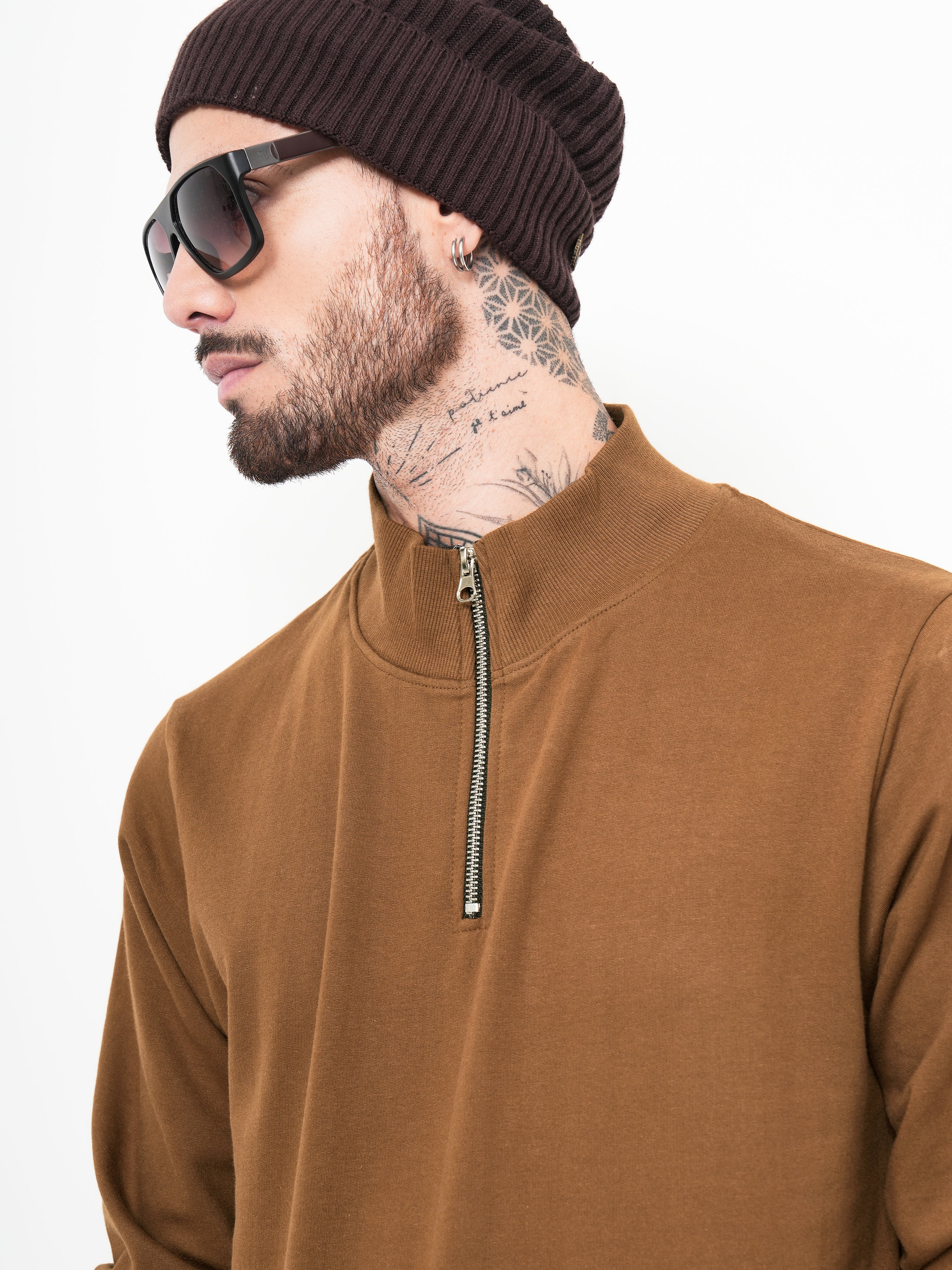 Men Half Zip Brown Sweatshirt - Image 4