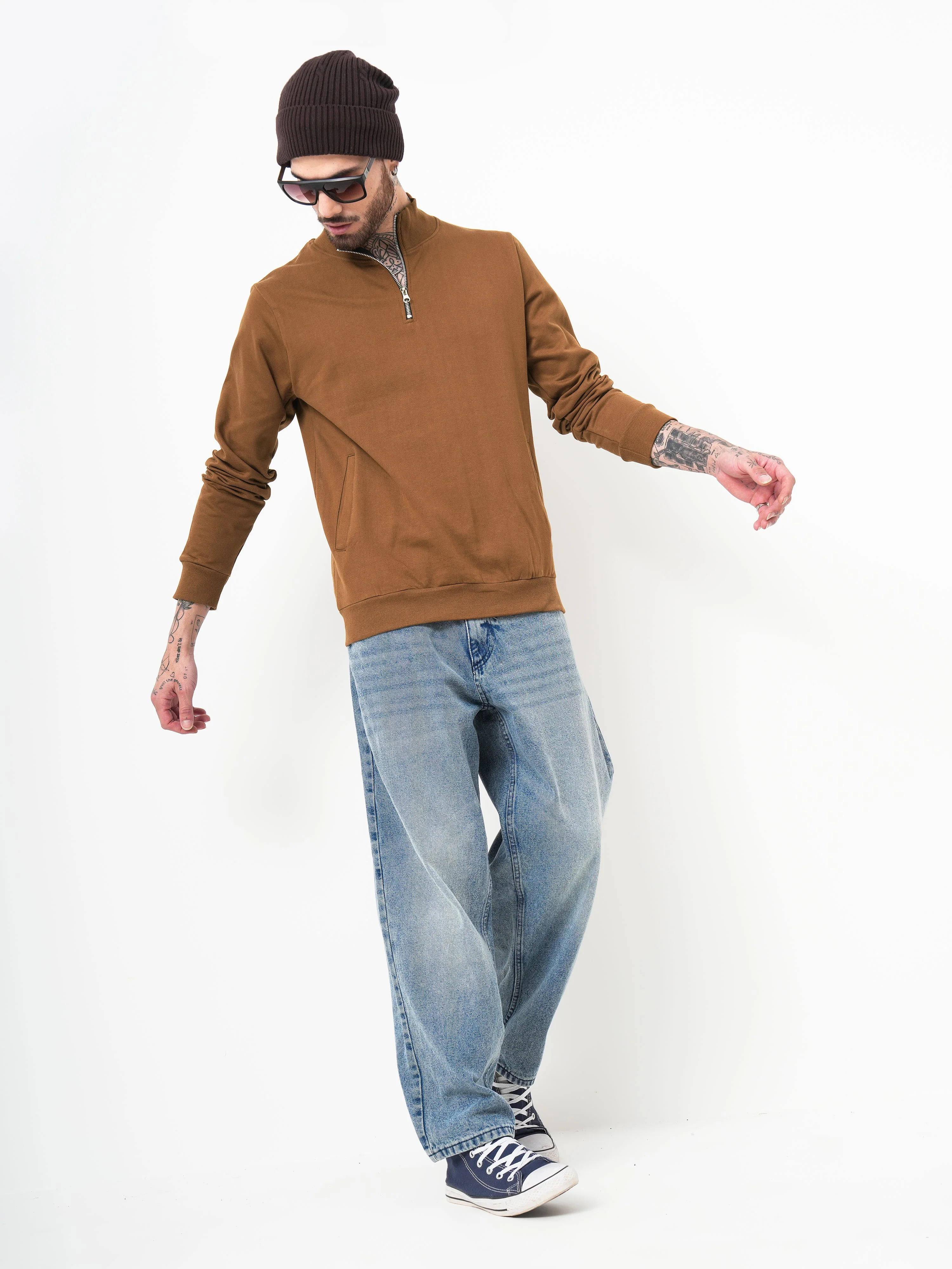 Men Half Zip Brown Sweatshirt - Image 5