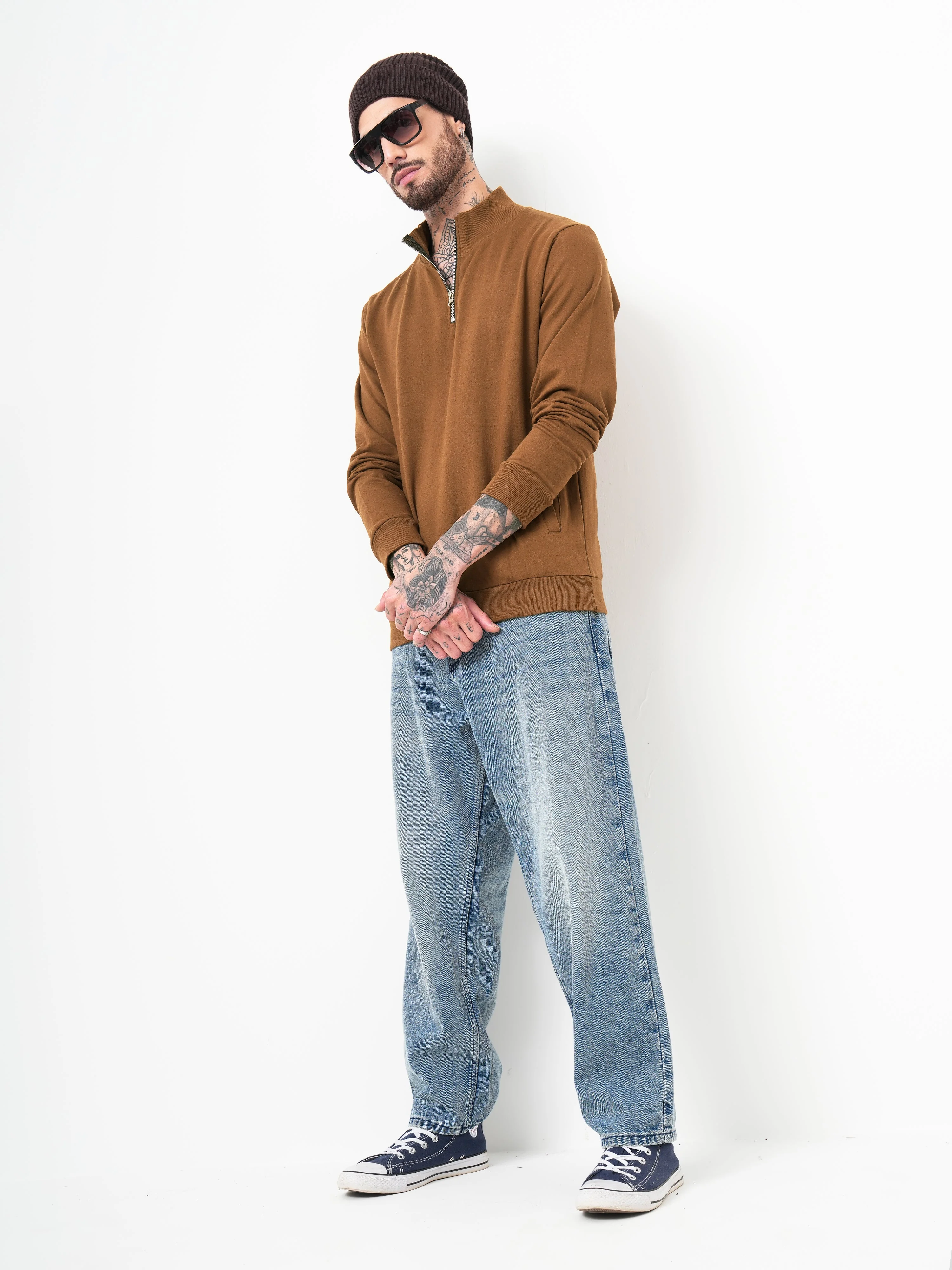 Men Half Zip Brown Sweatshirt - Image 6