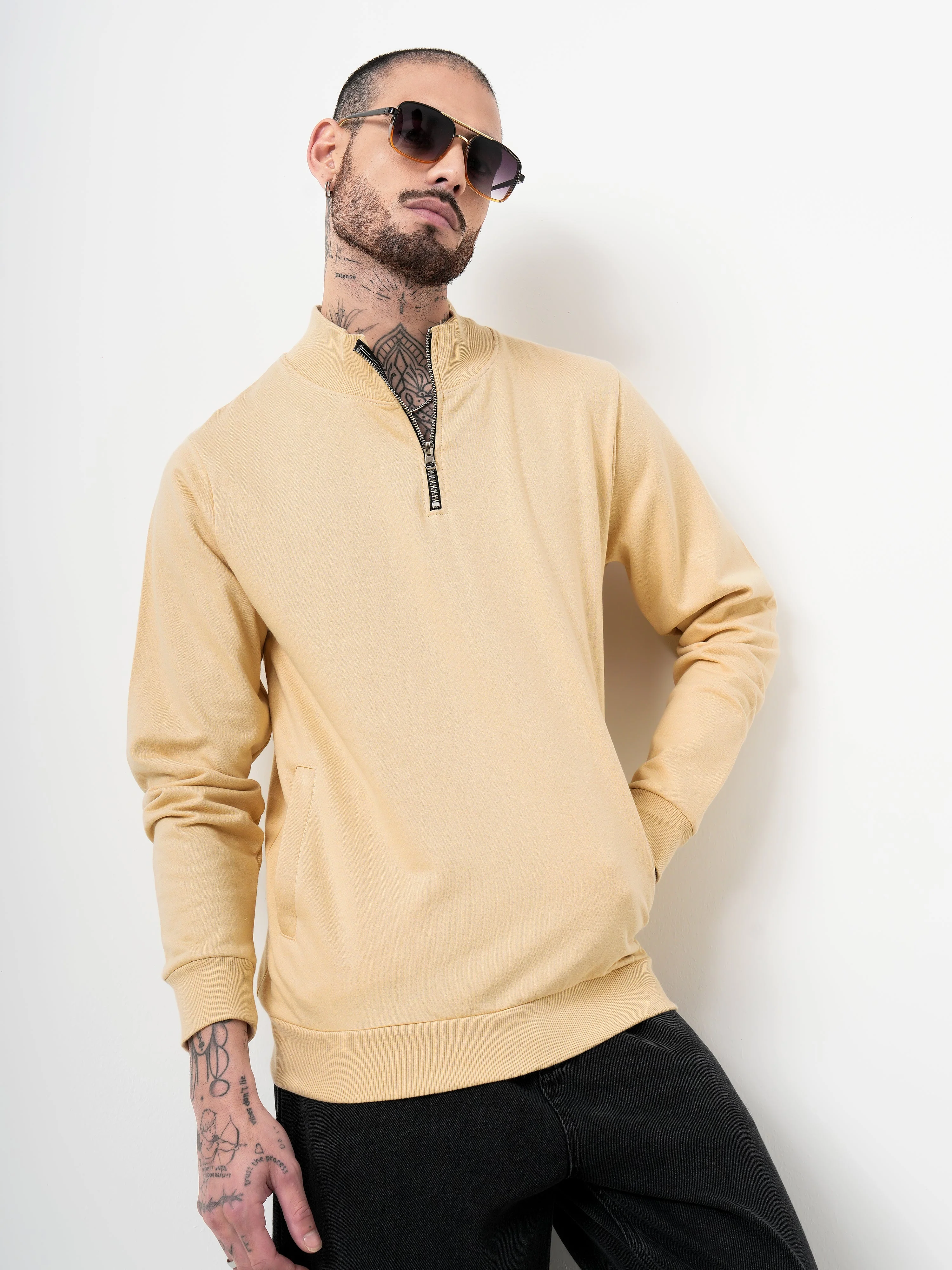 Men Half Zip Cream Sweatshirt