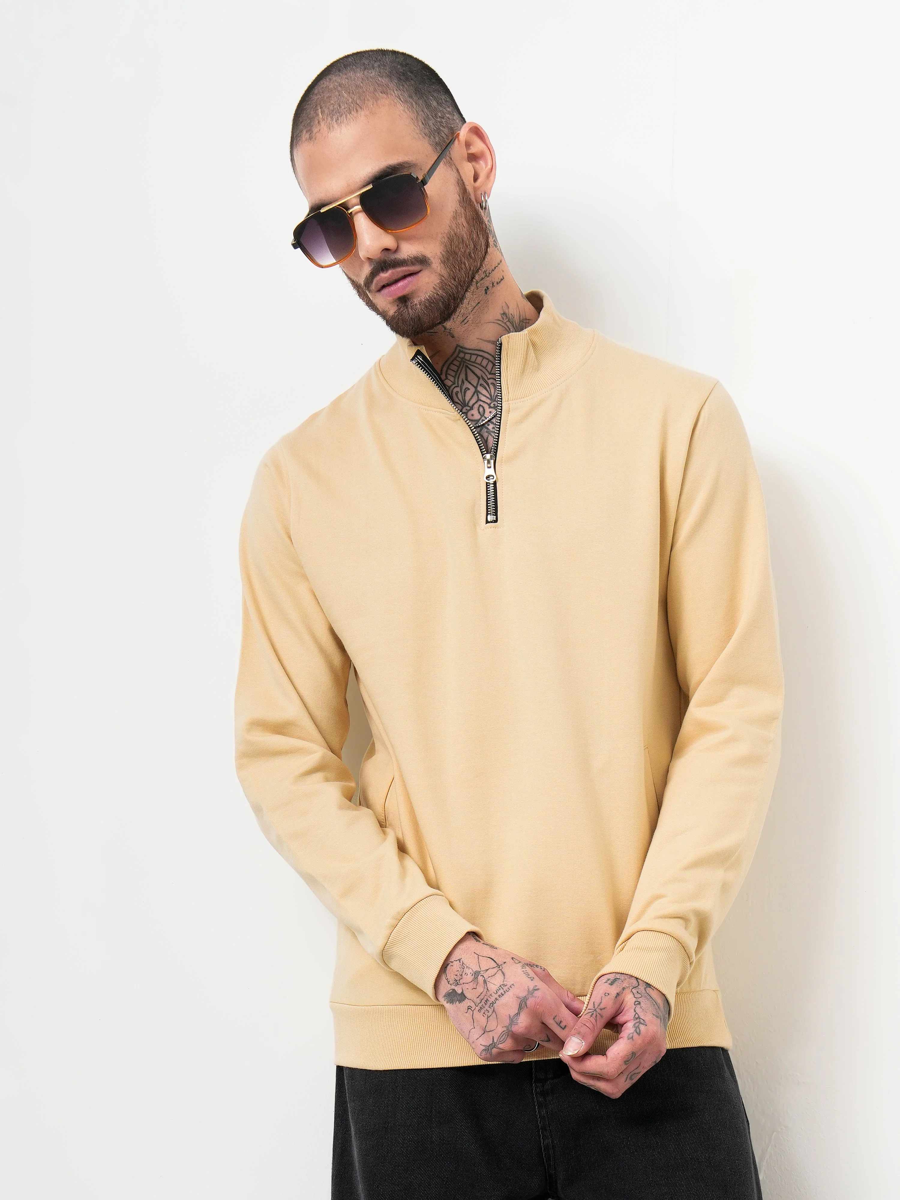 Men Half Zip Cream Sweatshirt - Image 3