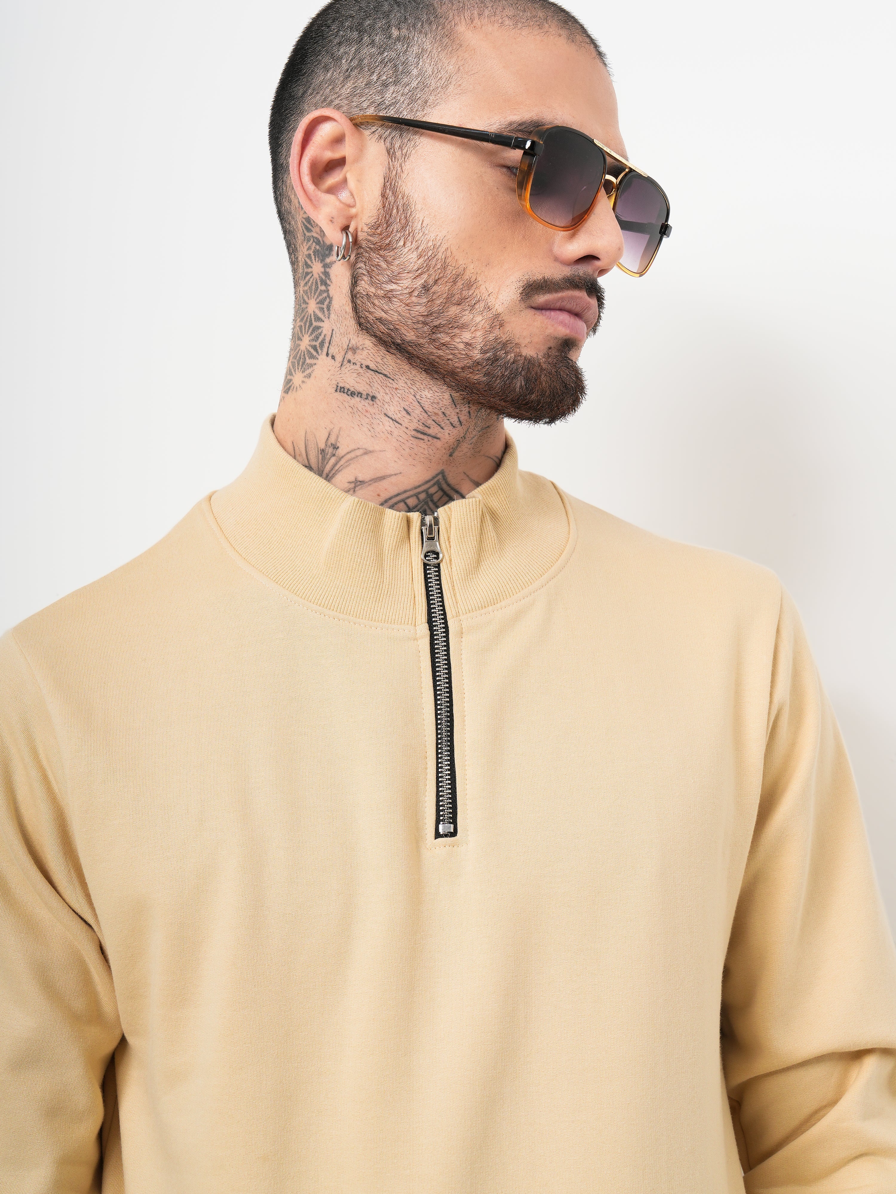 Men Half Zip Cream Sweatshirt - Image 4