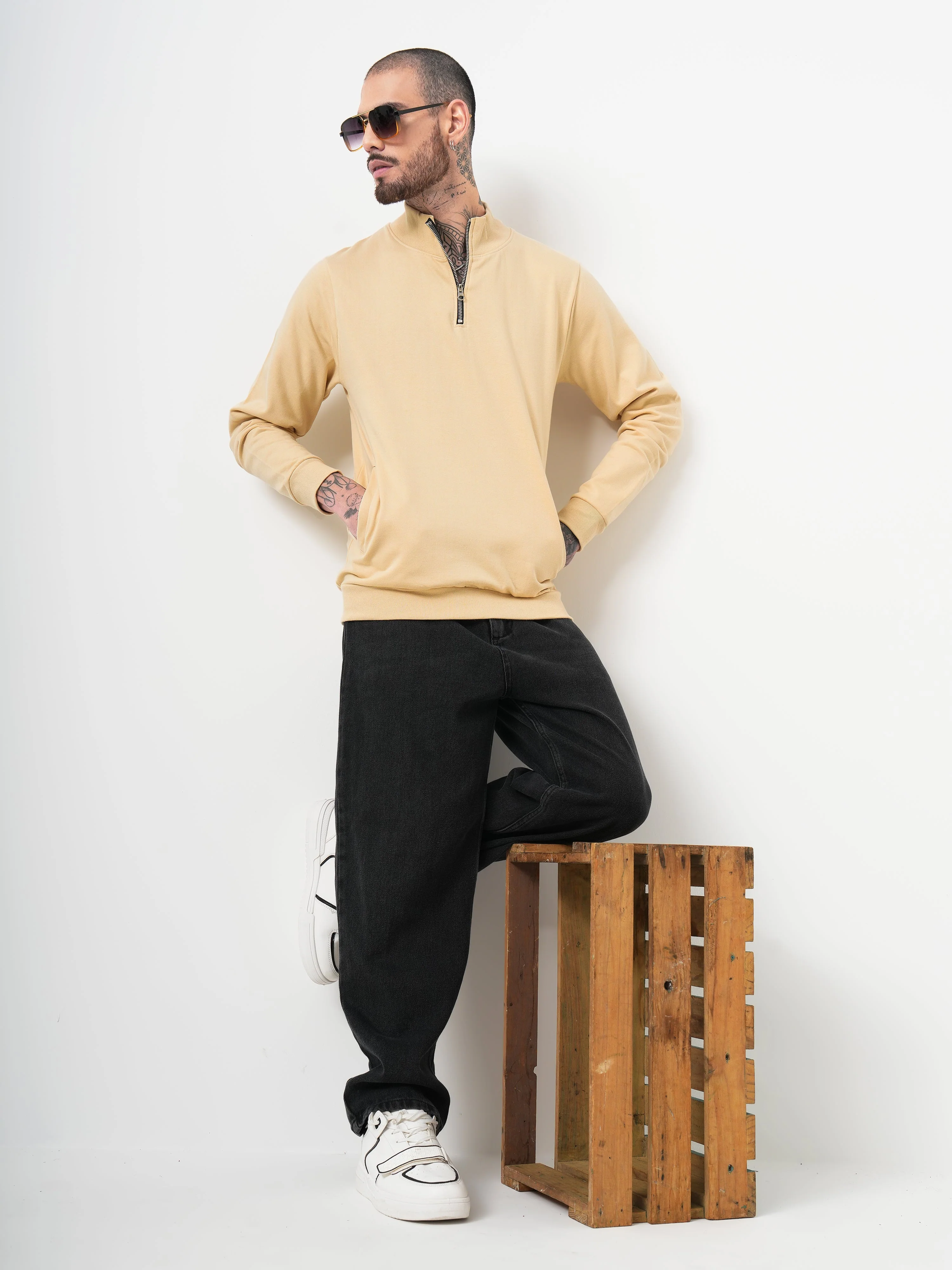 Men Half Zip Cream Sweatshirt - Image 5