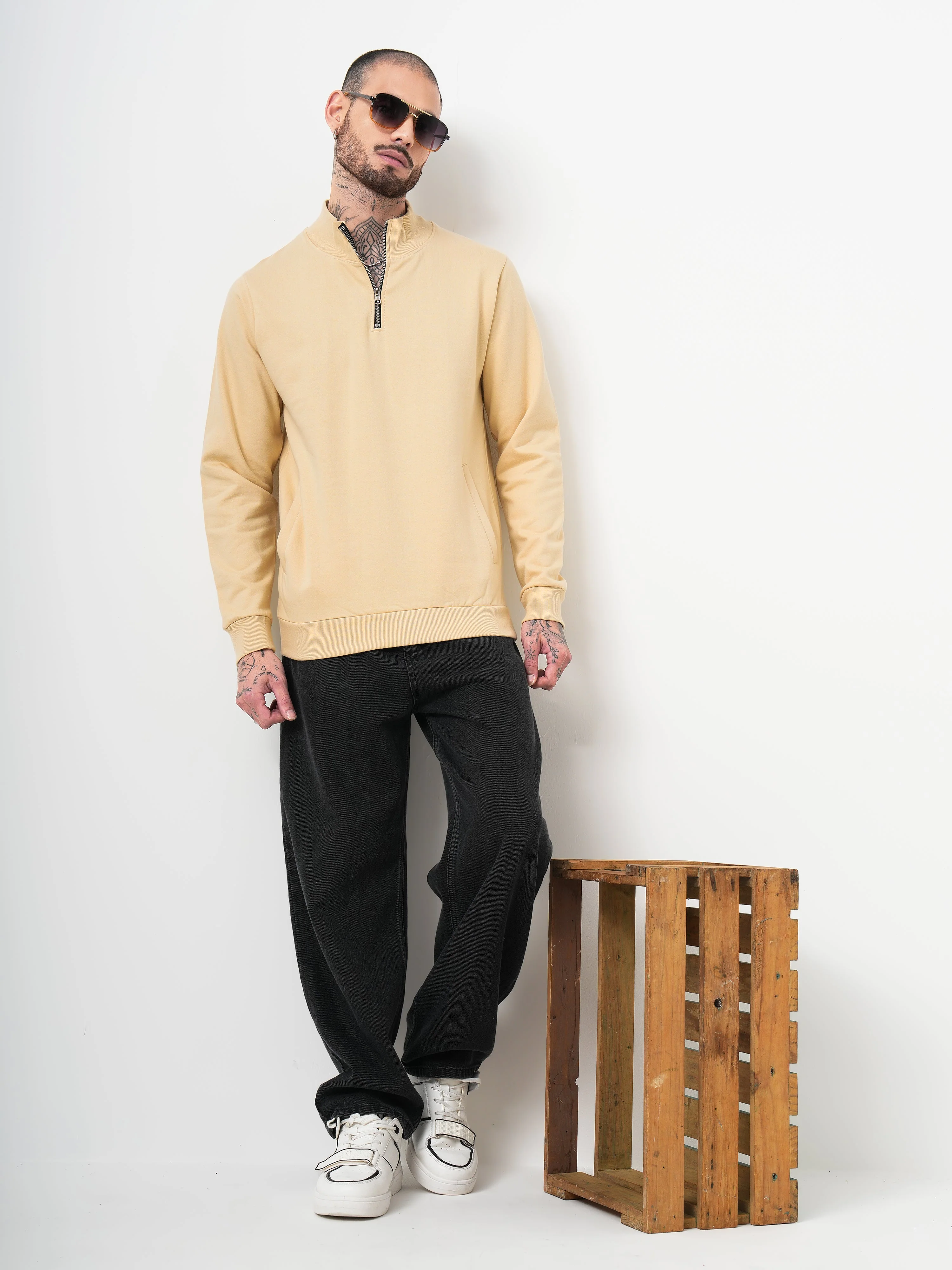 Men Half Zip Cream Sweatshirt - Image 6