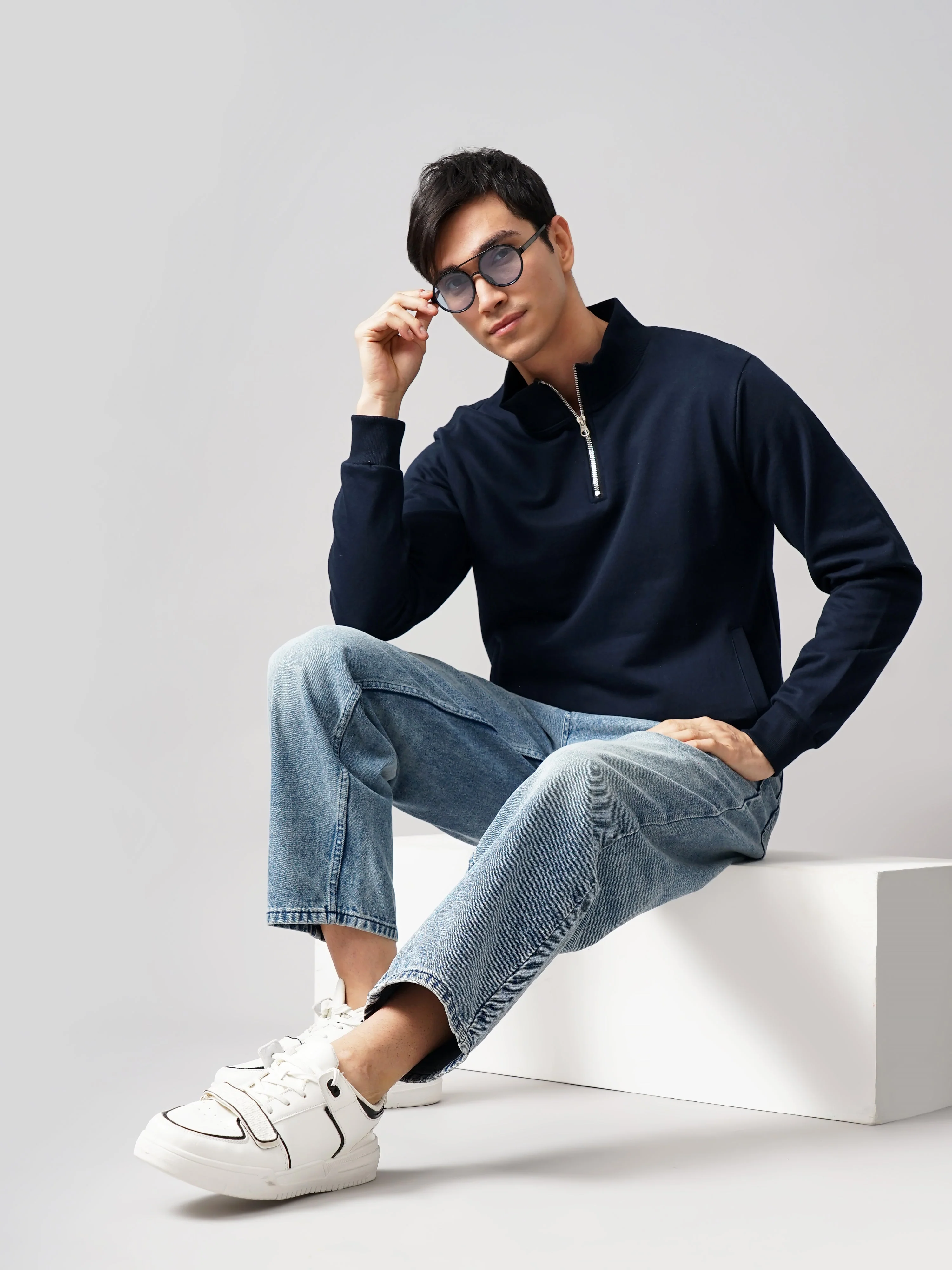 Men Half Zip Navy Sweatshirt - Image 6