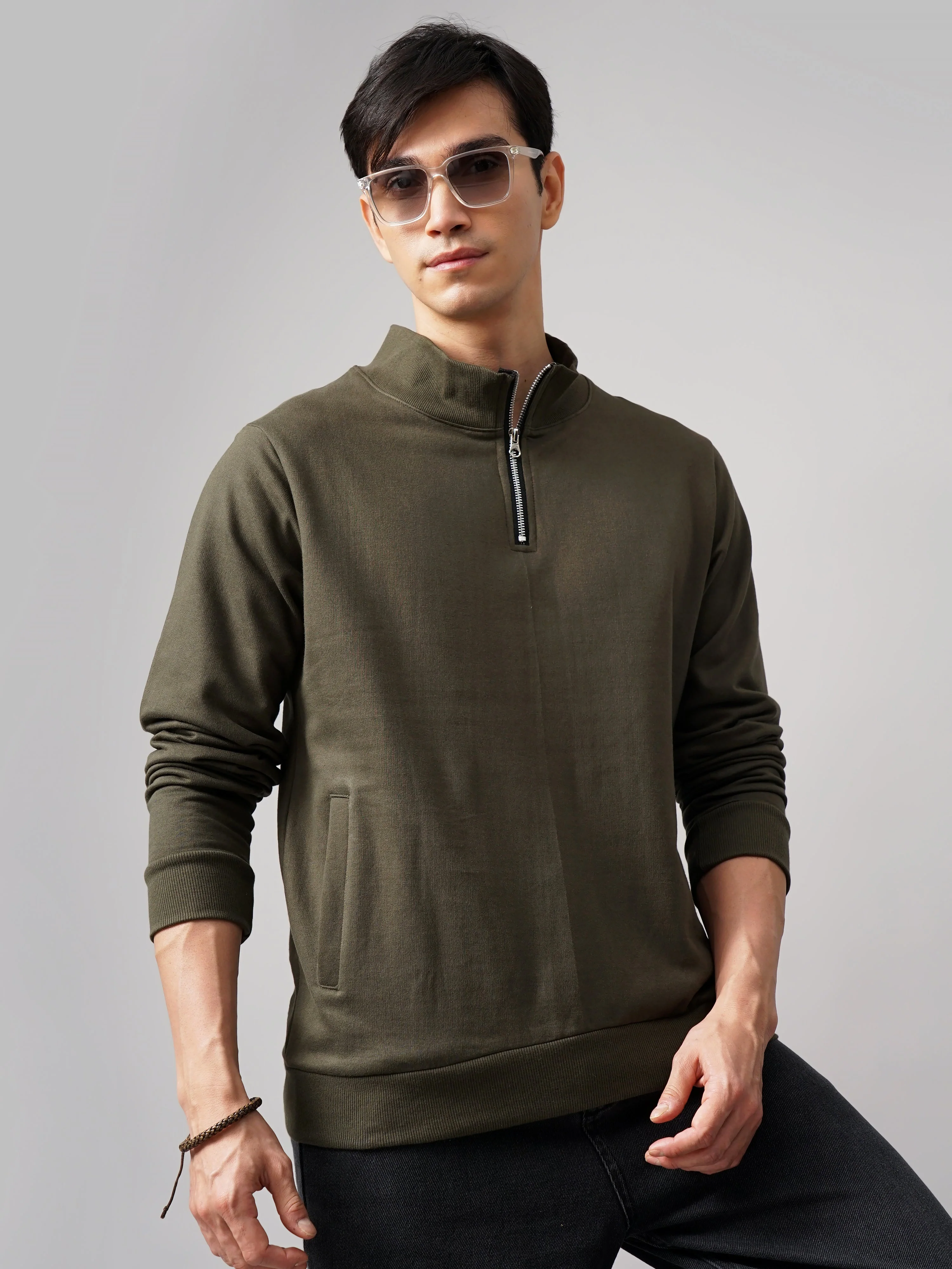 Men Half Zip Olive Sweatshirt - Image 3