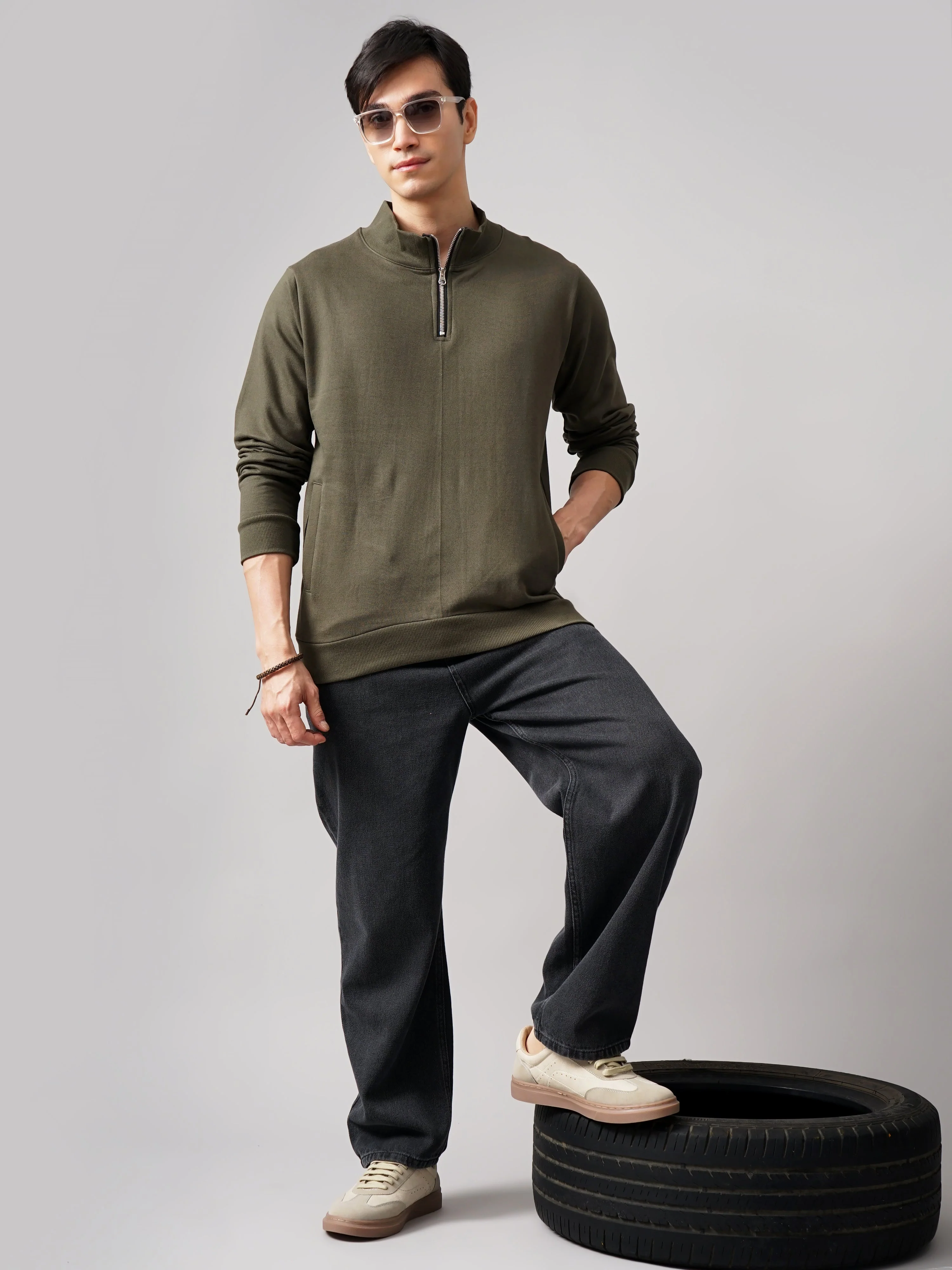 Men Half Zip Olive Sweatshirt - Image 5