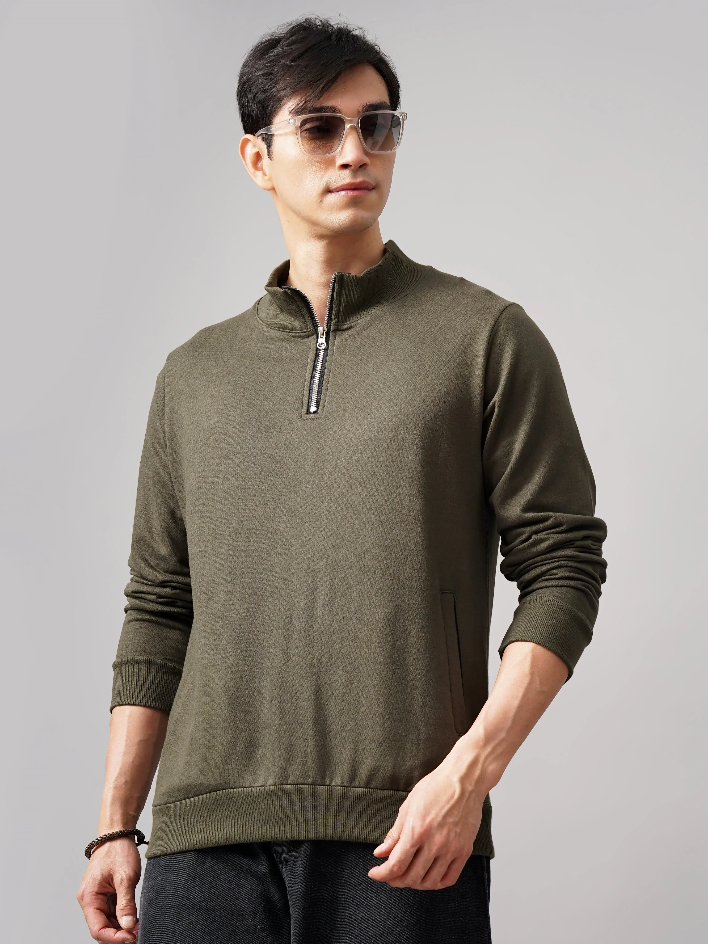 Men Half Zip Olive Sweatshirt - Image 6