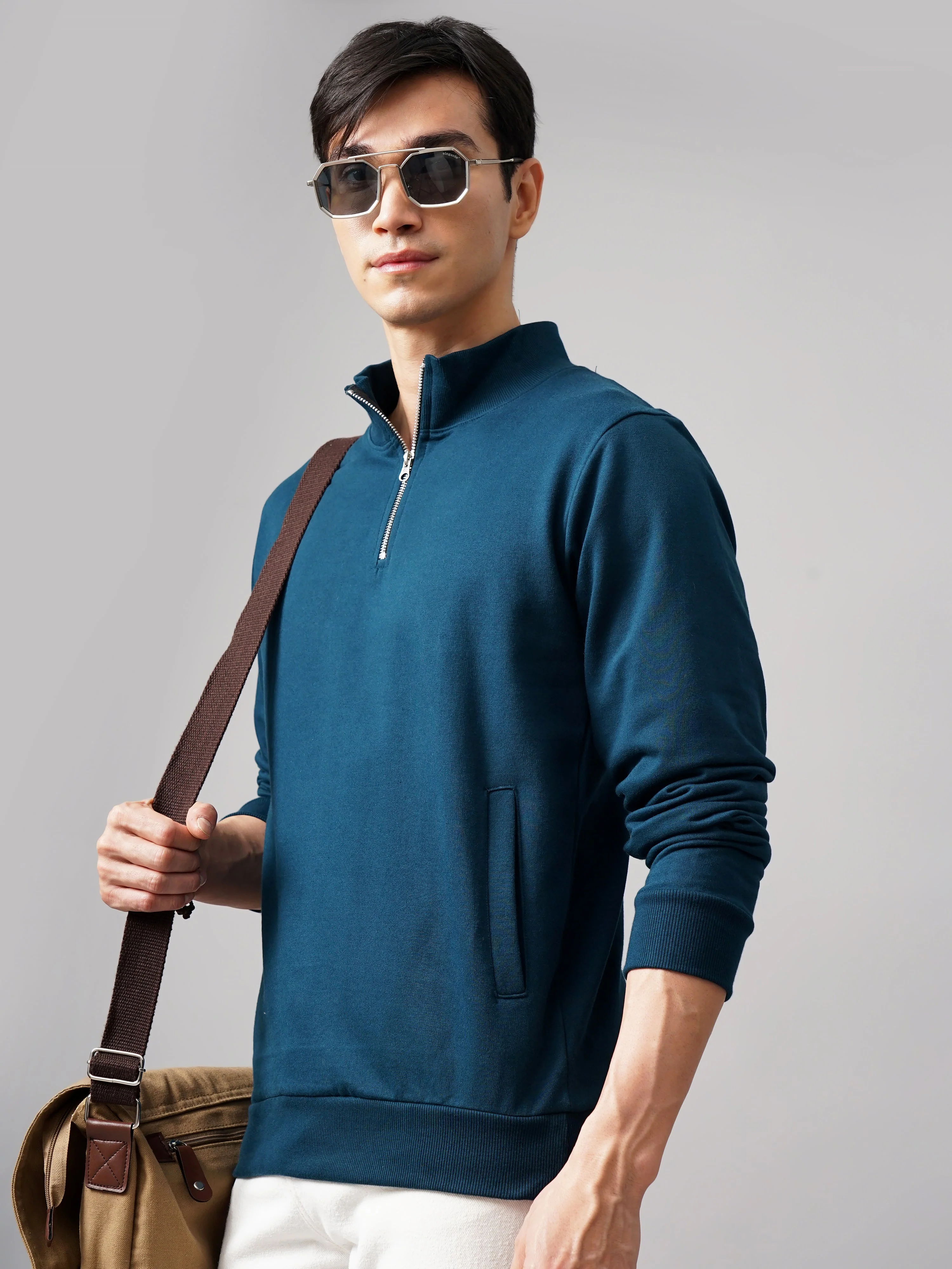 Men Half Zip Teal Sweatshirt - Image 3