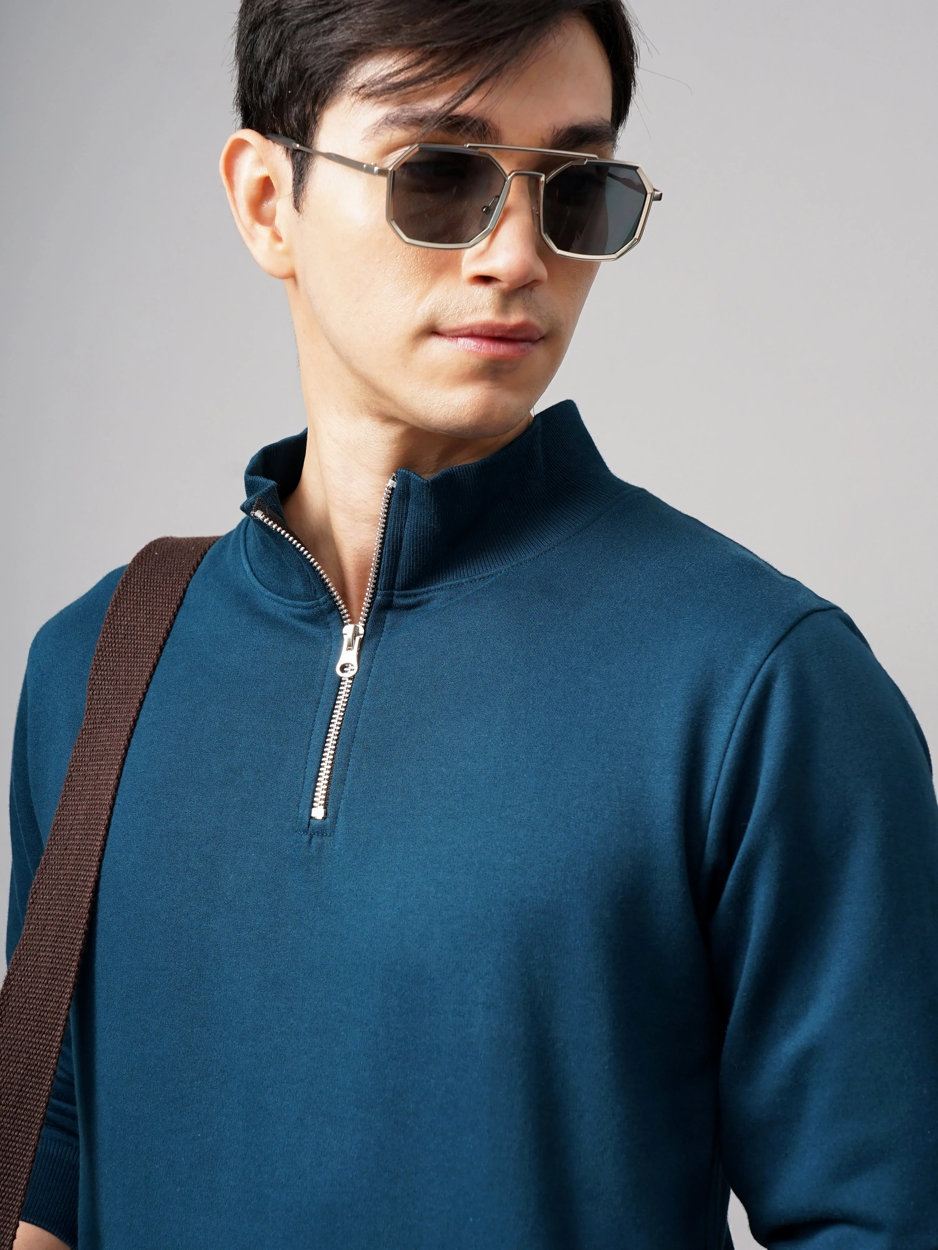 Men Half Zip Teal Sweatshirt - Image 4